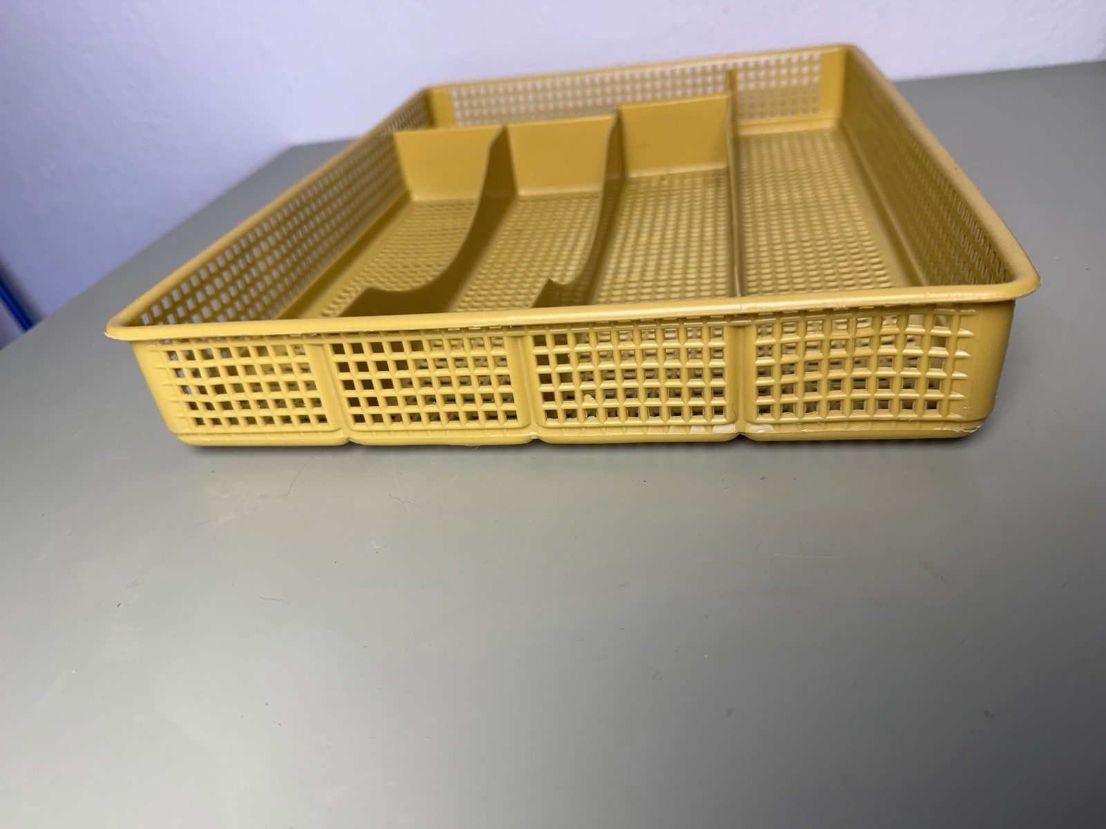 Vtg. Mustard Yellow Plastic Silverware Utensil Tray 4 Slot Retro kitchen Storage