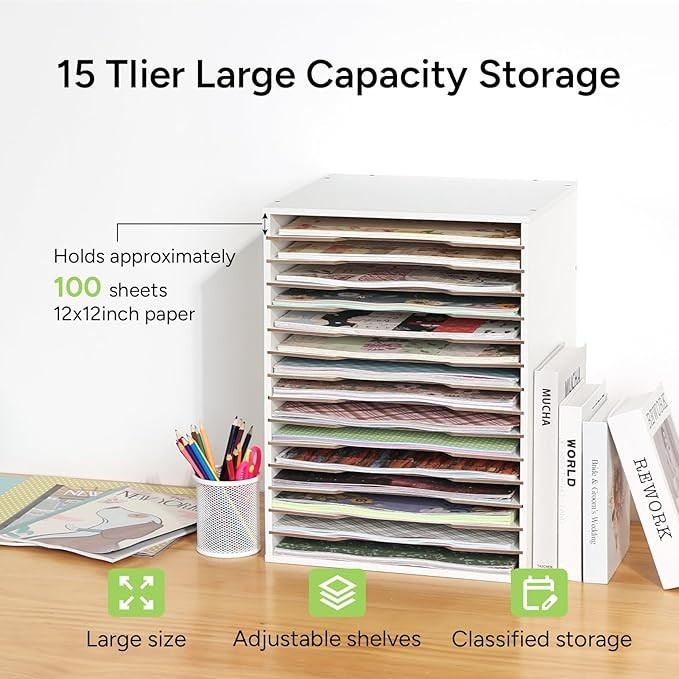 15 Slot Paper Organizer Storage, Wood Adjustable Shelves Paper Storage Shelf wit