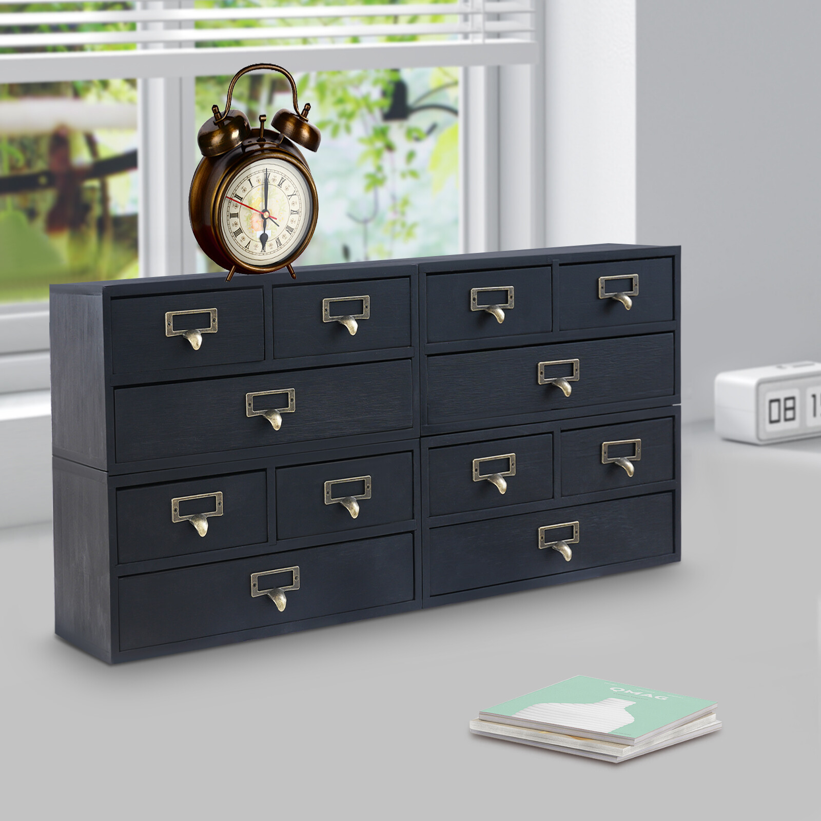 4 Pack 3 Drawer Wooden Desktop Organizer Drawer Storage Box For Tabletop- Black
