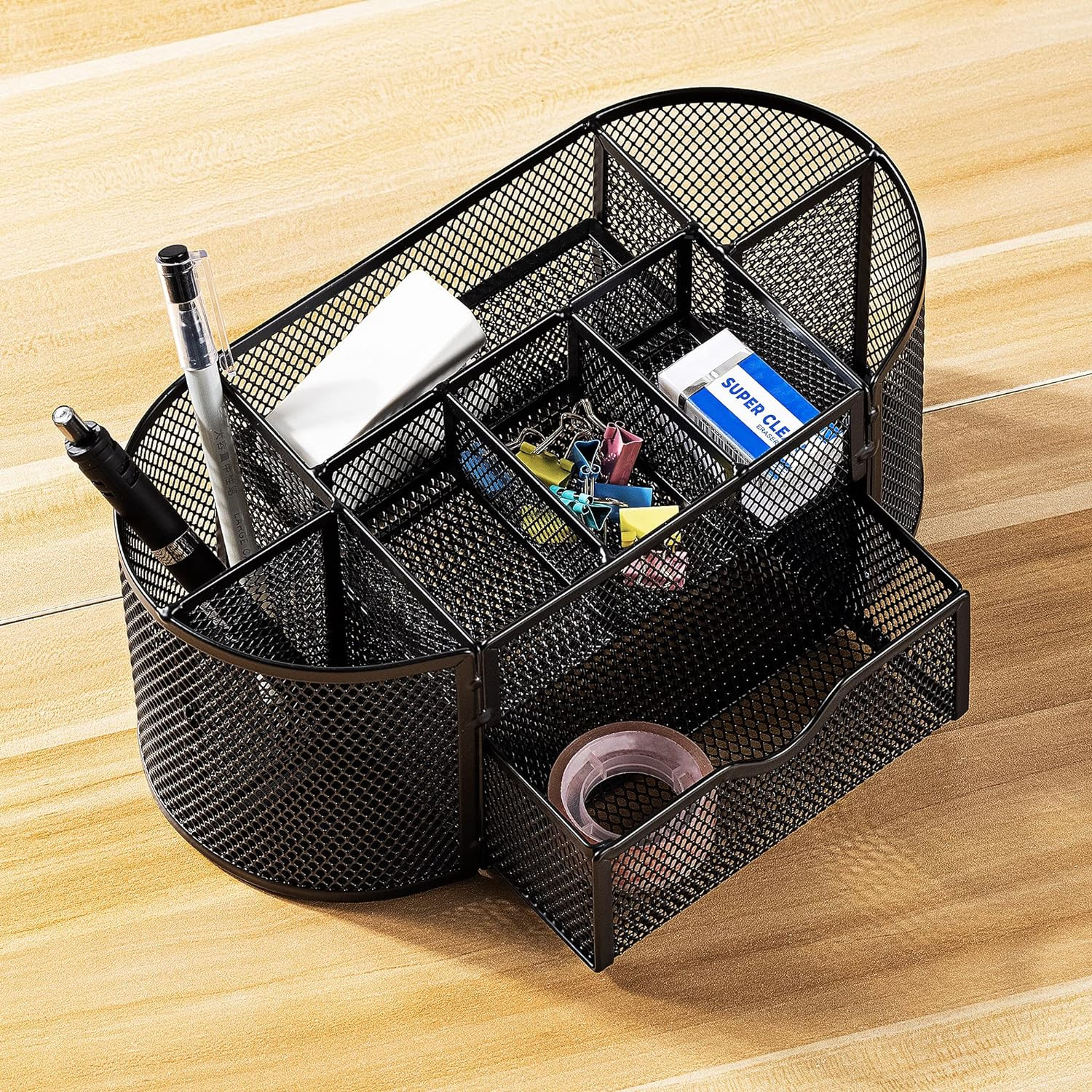 Mesh Desk Organizer with Pen Holder, Pullout Drawer and Office Caddy Storage, 9.