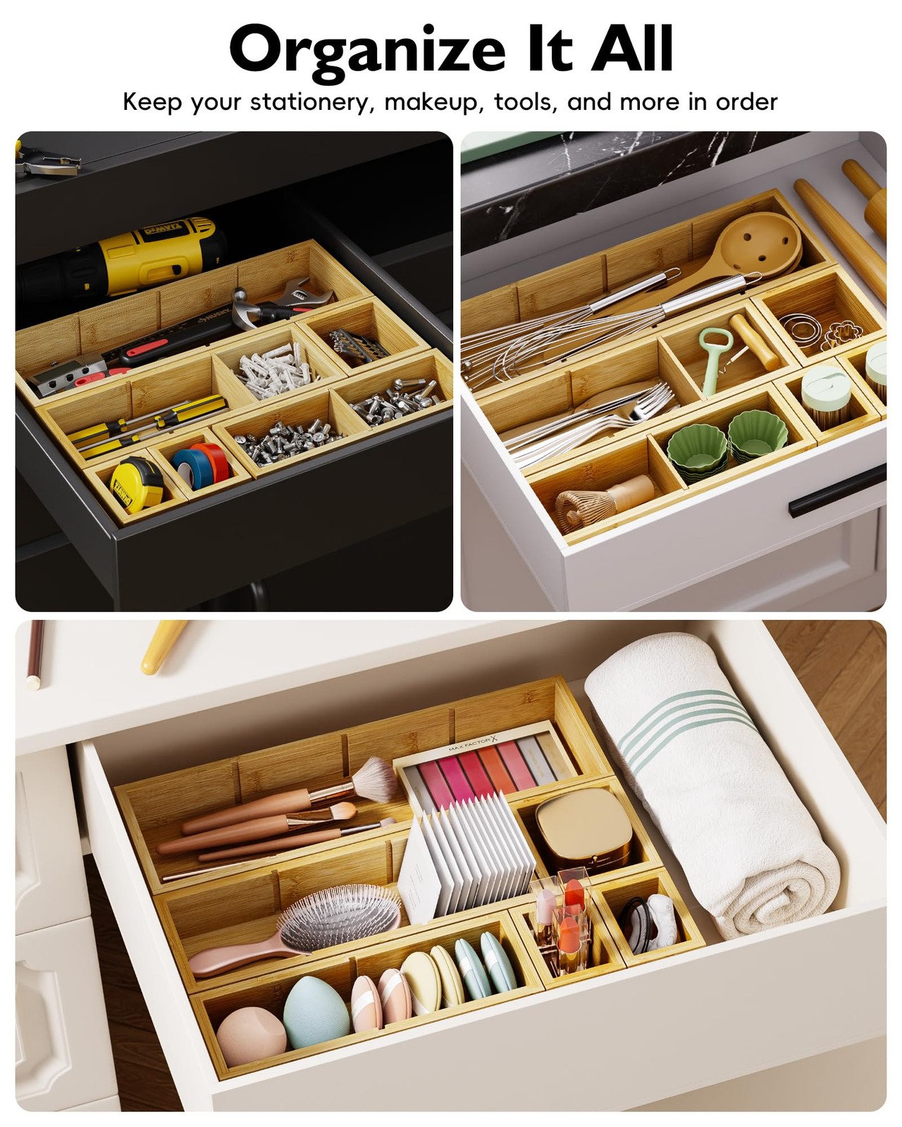 VA1KENE Bamboo Drawer Organizer Set, 6 PCS Desk 12 Compartments,