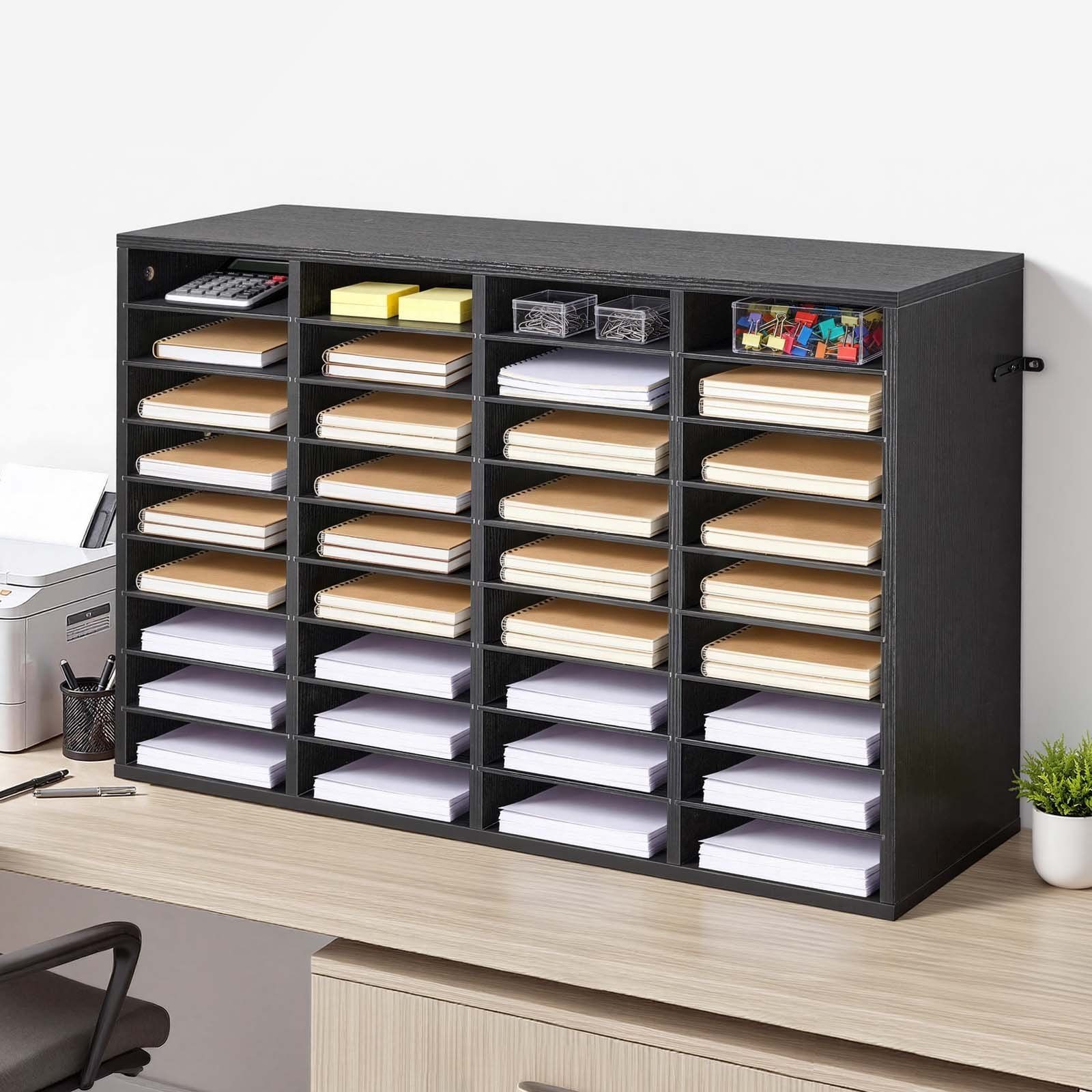Countertop File Sorter: 36 Compartments, Wooden Finish, Detachable Shelf Design