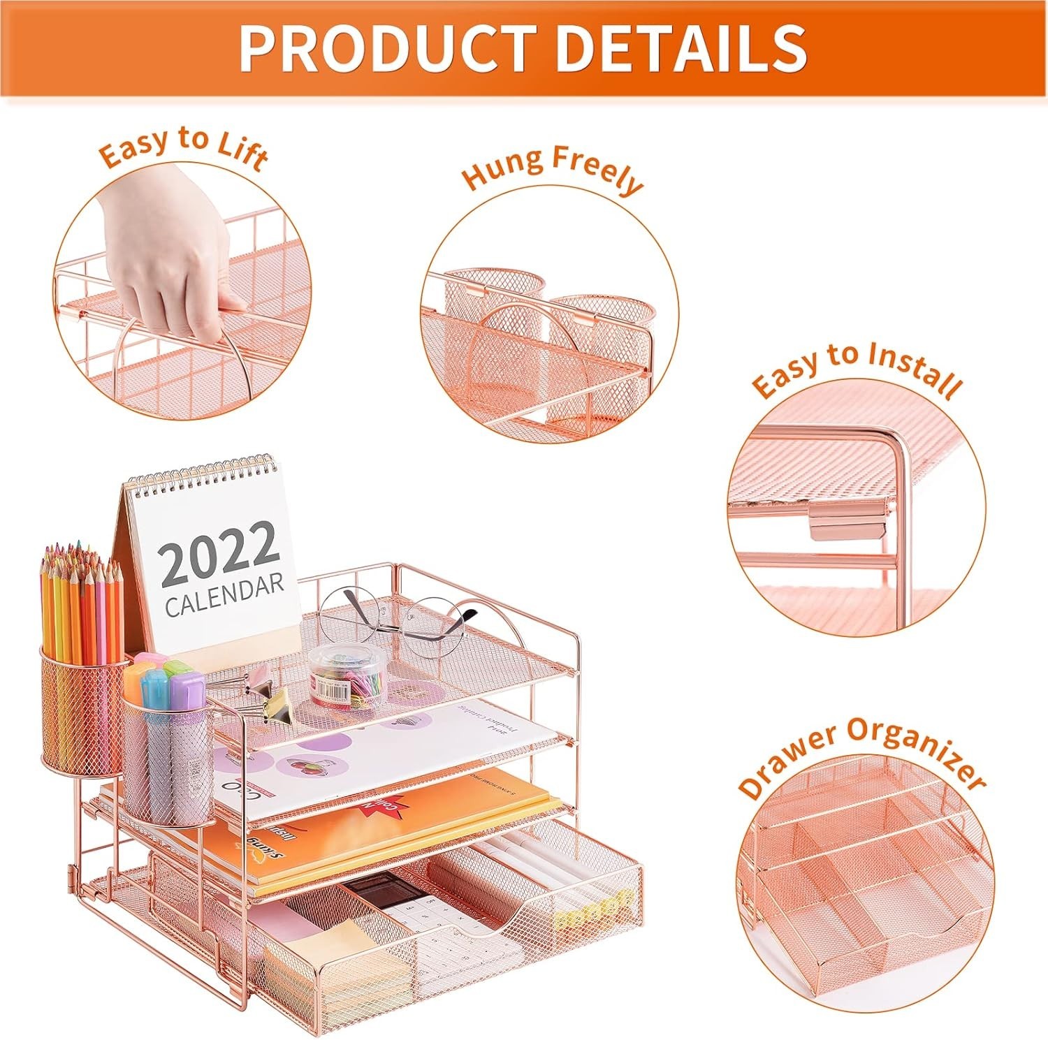 Lavatino Rose Gold 4 Tier Desk Organizer Metal Letter Tray Drawer Set