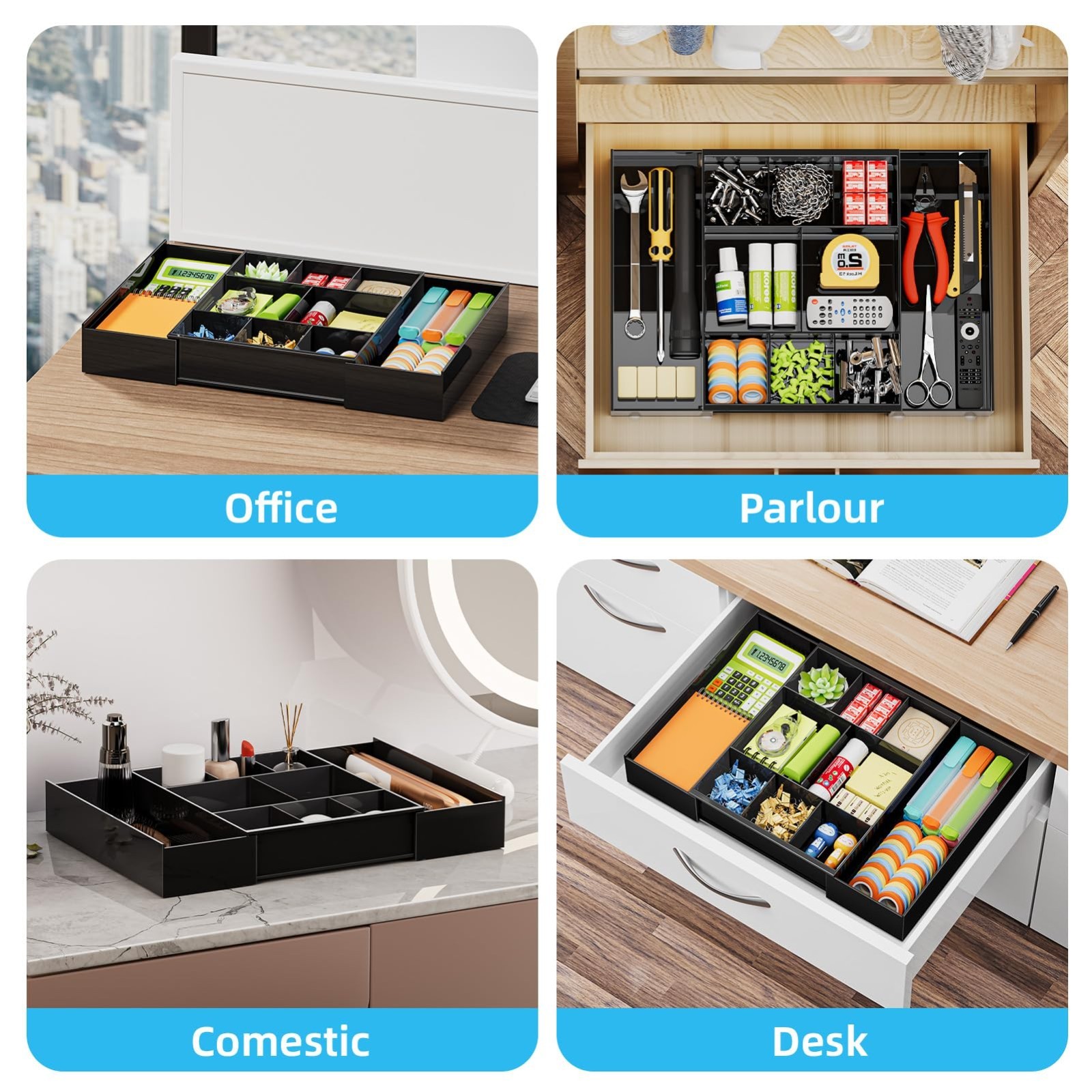 Expandable Desk Drawer Organizer – Clear Plastic Tray with 10 Adjustable Compart