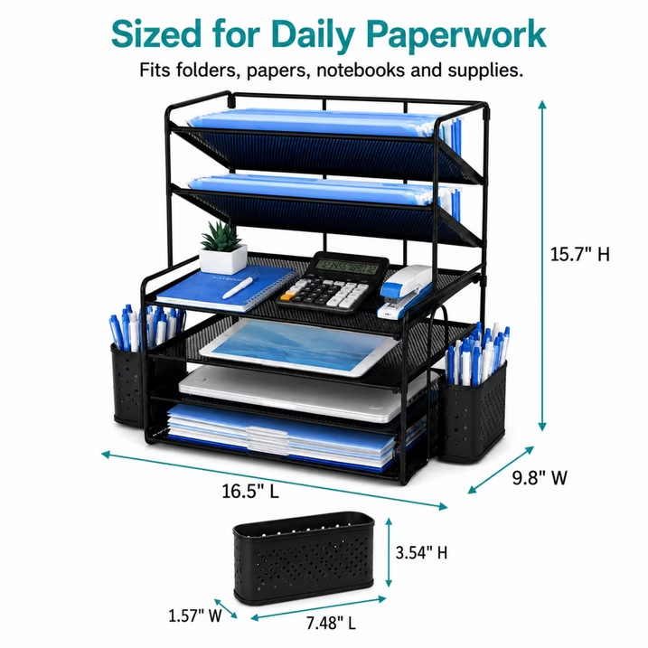 6 Tier Desk Organizer Metal Mesh Paper Document Letter File Tray Pen Holders Bla