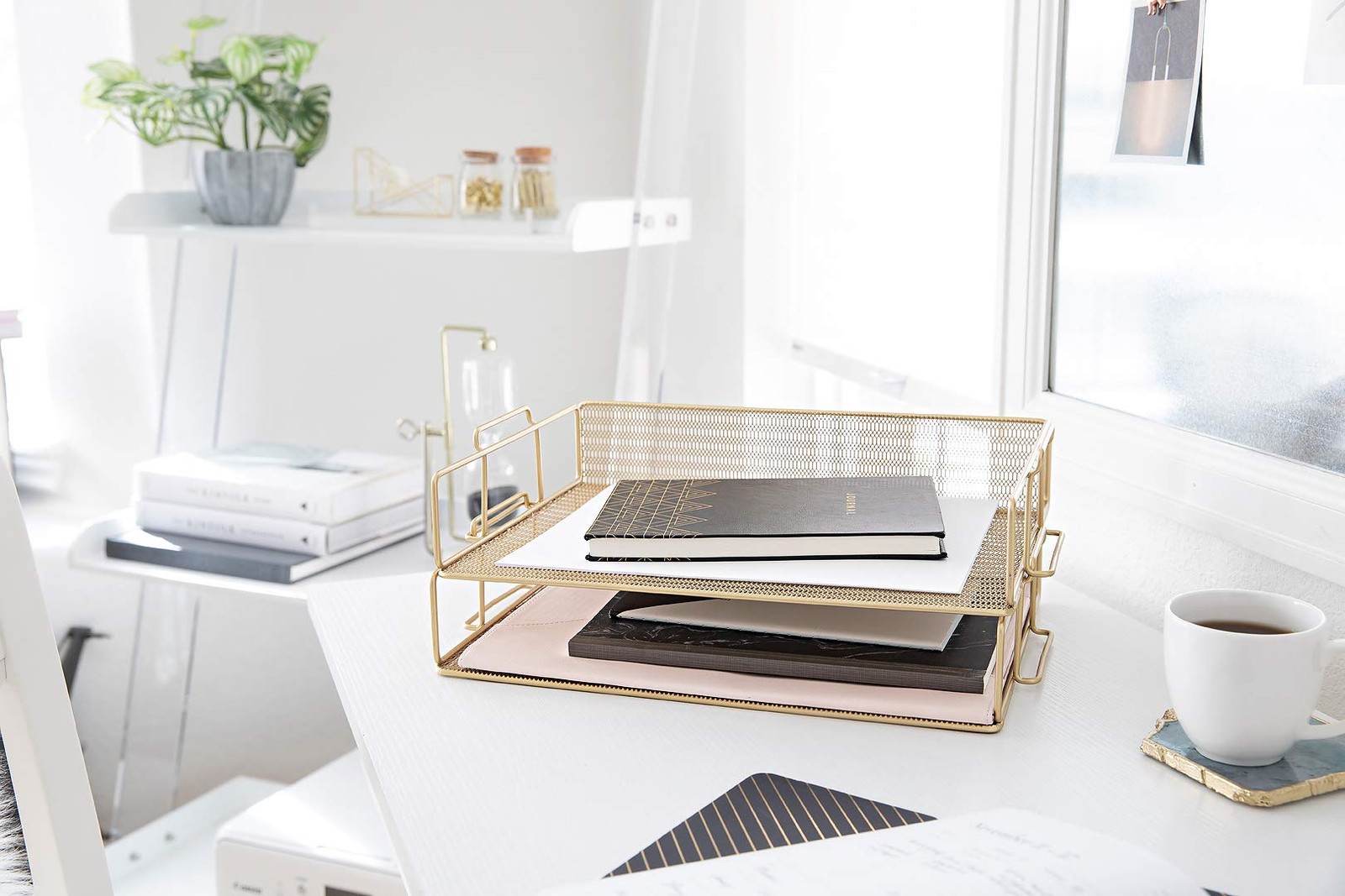 Gold Mesh Paper Tray – Set of 2 Stackable Letter Trays – Durable Metal Desk O…