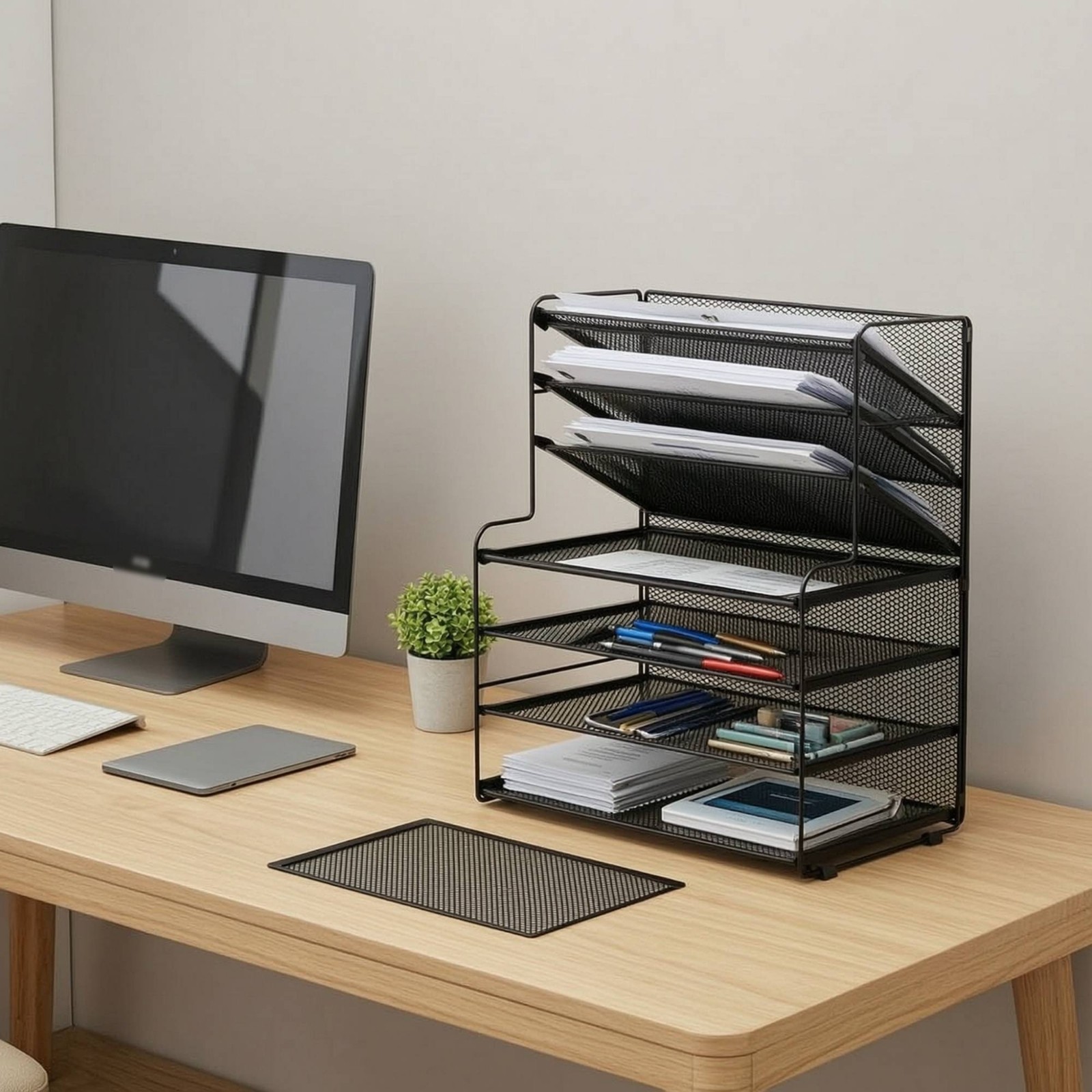 Document Rack with Side Baskets Slanted Mesh Desk Organizer Stepped for