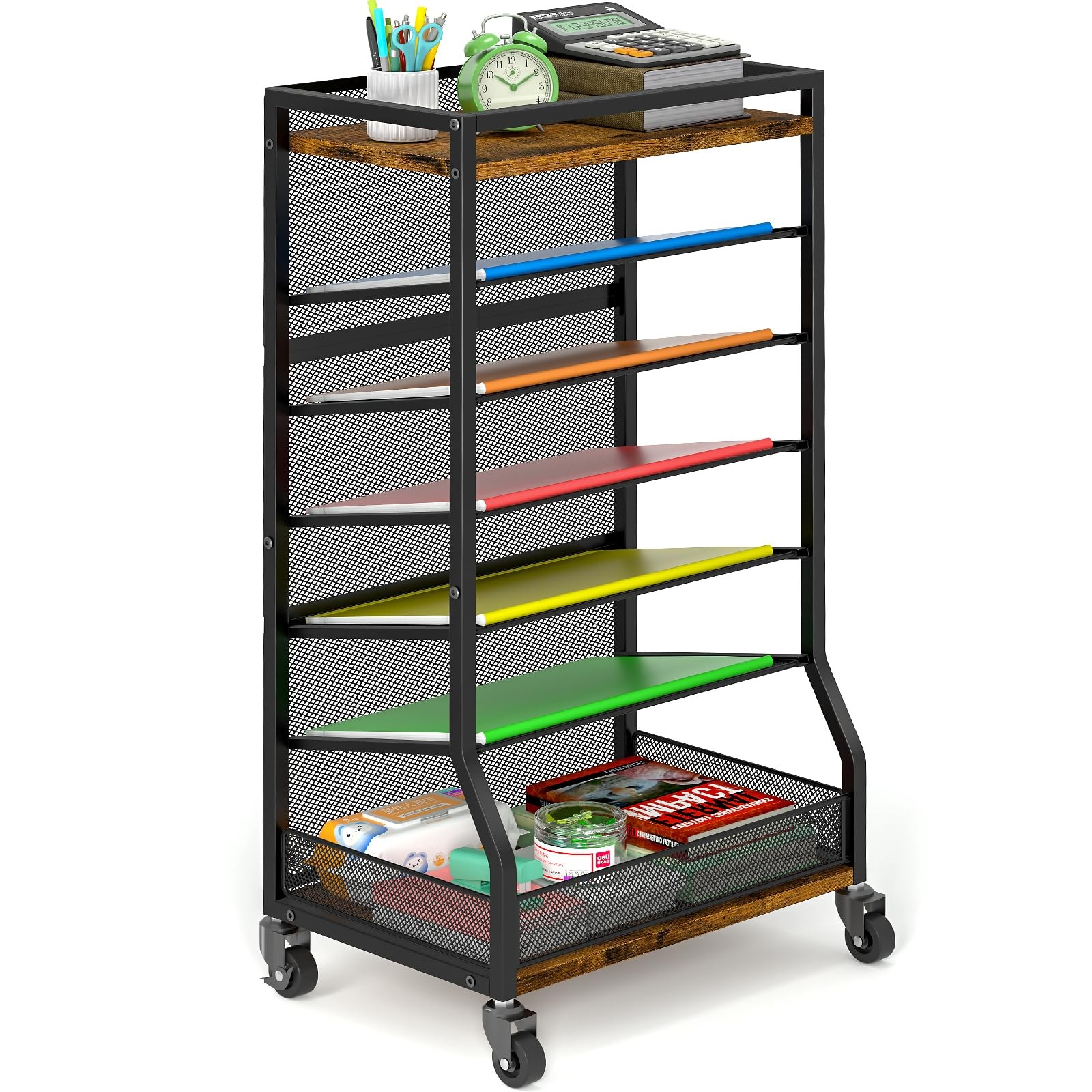 7 Tier Rolling File Cart with Sliding Trays, Wood Metal File Organizer Beside…