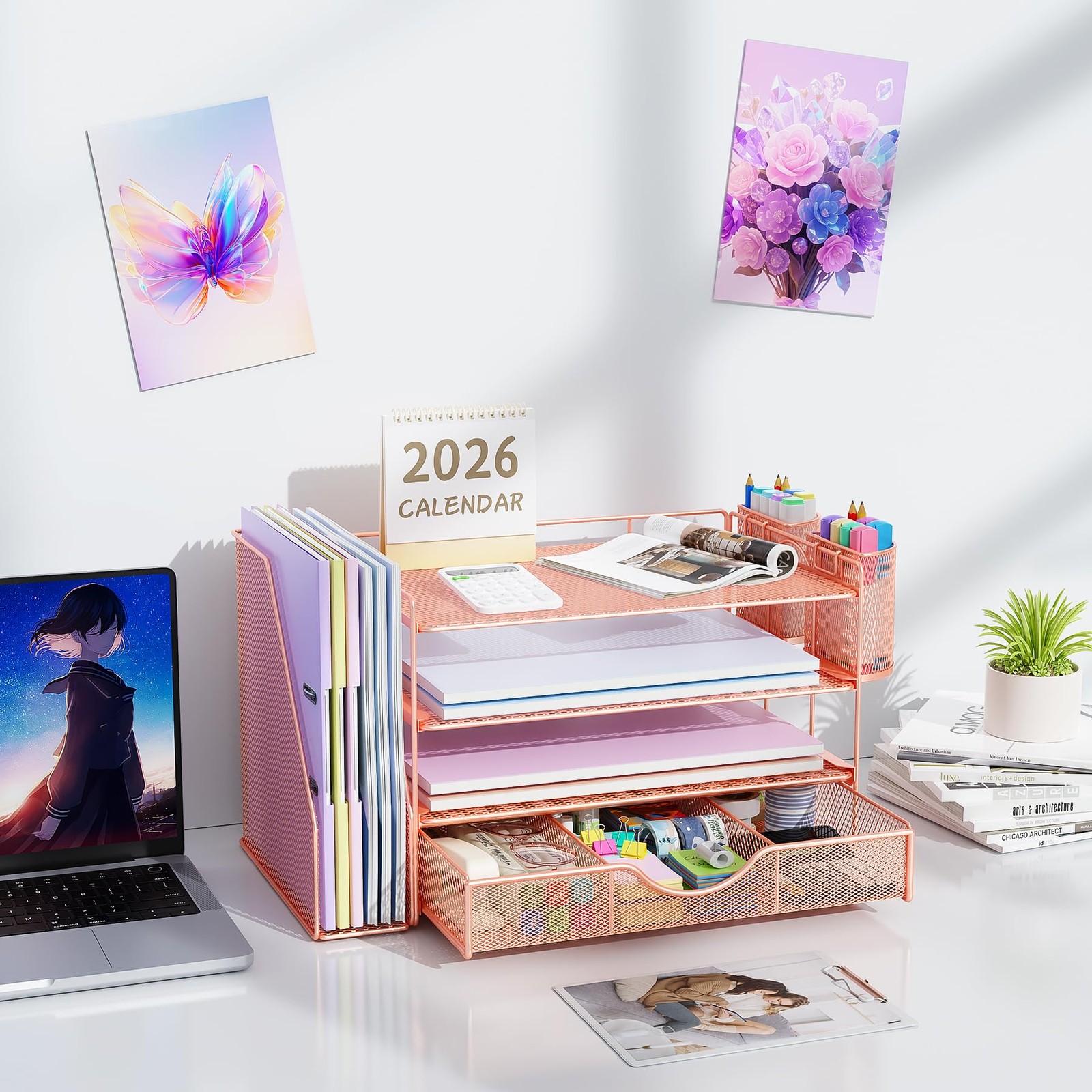 gianotter Desk Organizers and Accessories with 16.3″ x 9.4″ x 9″, Rose Gold