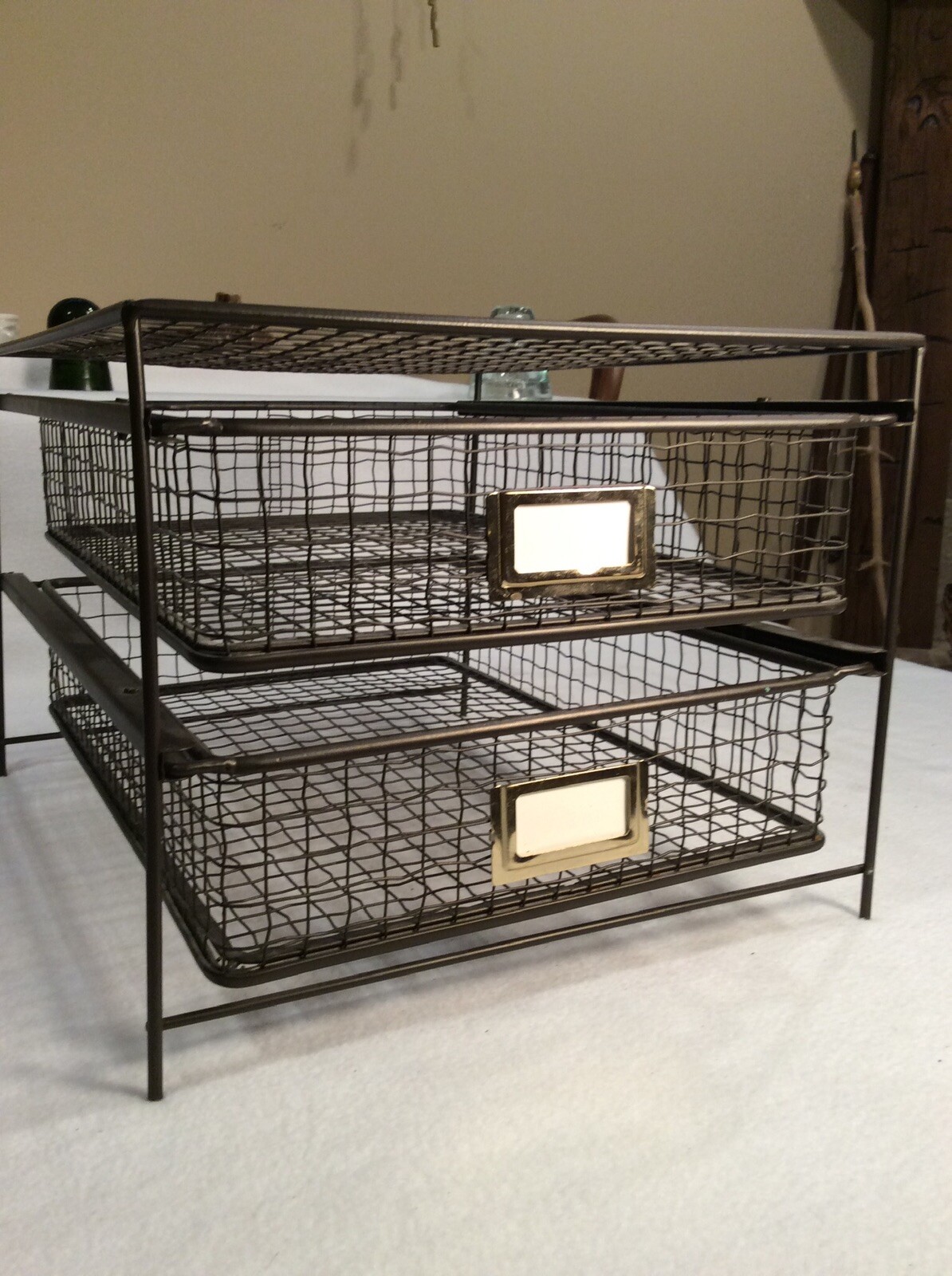 Vintage Metal Wire Office Desk Top File Paper Double Sliding Basket Storage Bin