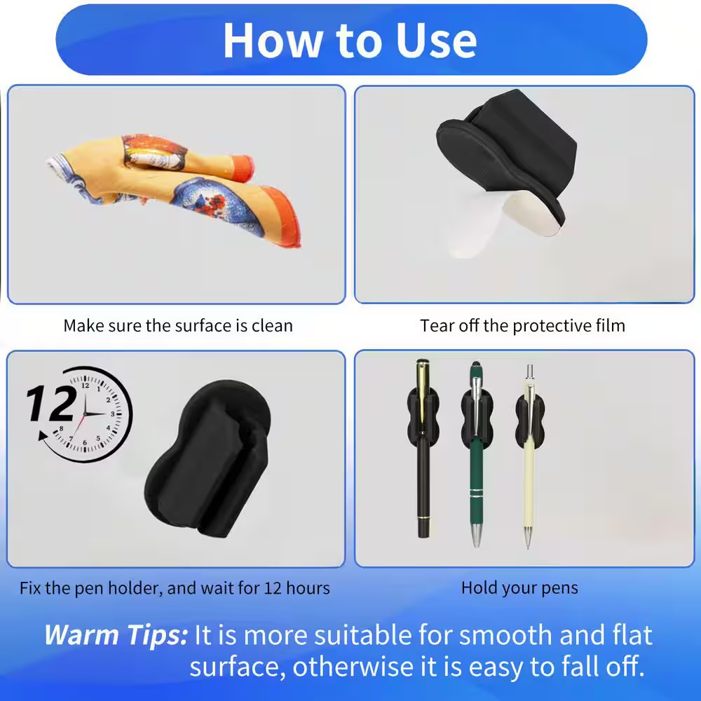 12 Pack Black Adhesive Pen Pencil Holder Silicone Dual-Hole Marker Organizer for