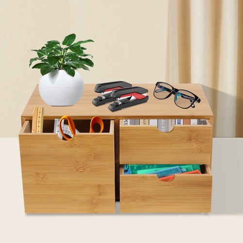 Desk Organizer Office Desktop Drawers Storage Bamboo Box Storage Recess Handle