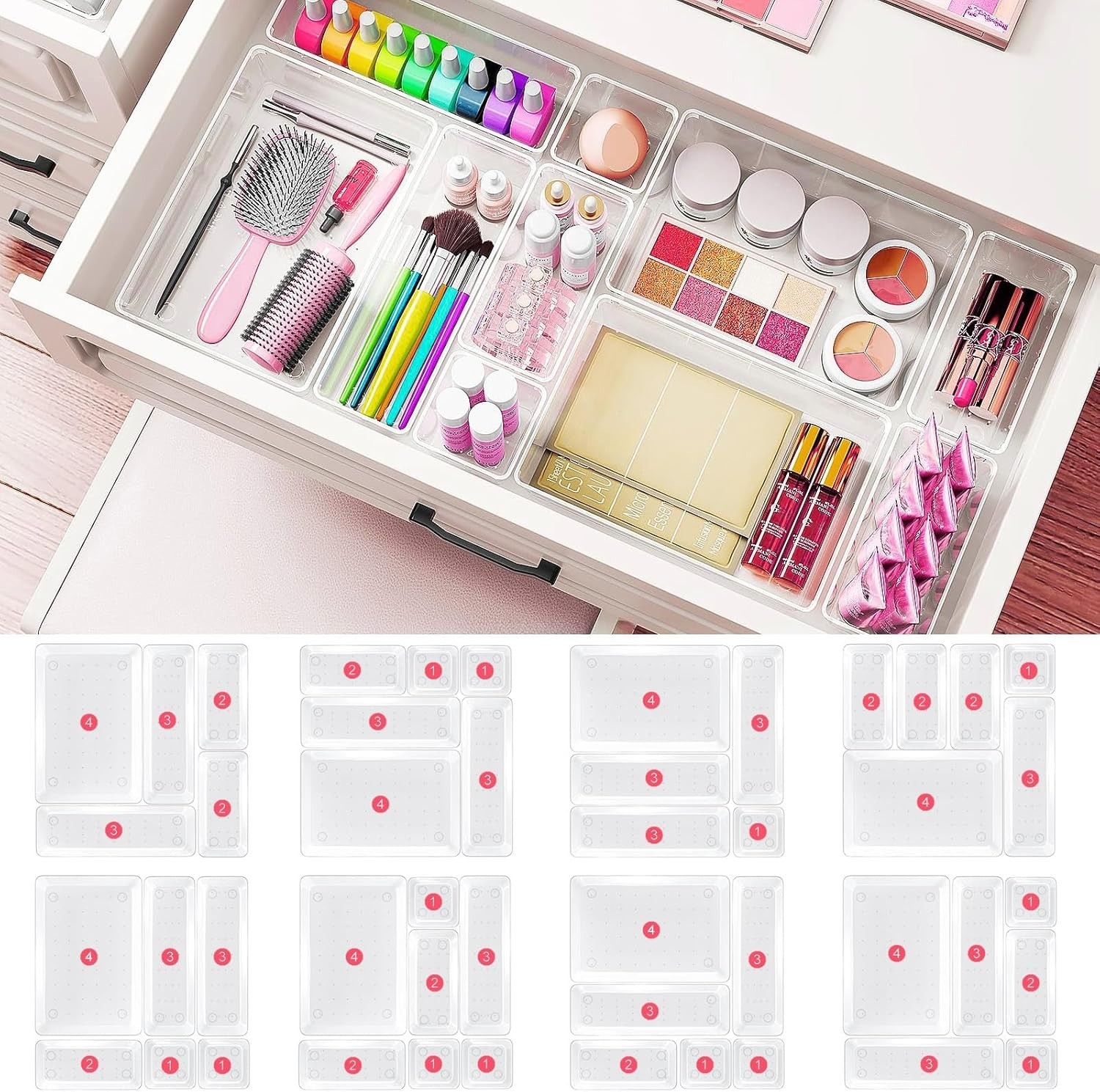65 Piece Clear Plastic Drawer Organizer Set Space Saving Design, 4 Sizes