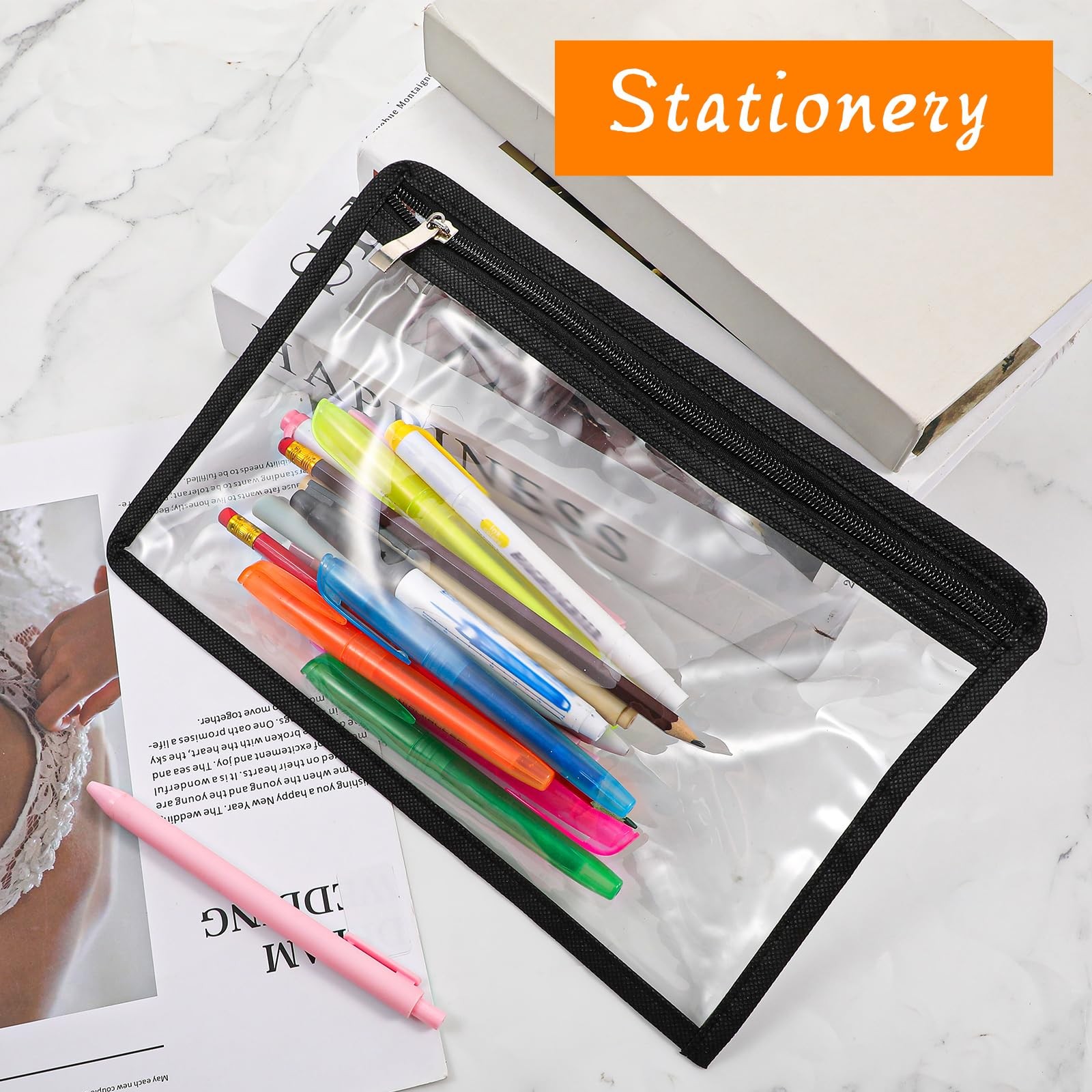 20 Pcs Black Edge 11.4×7.5 In Large Clear PVC Zipper Pencil Document Pouches Set