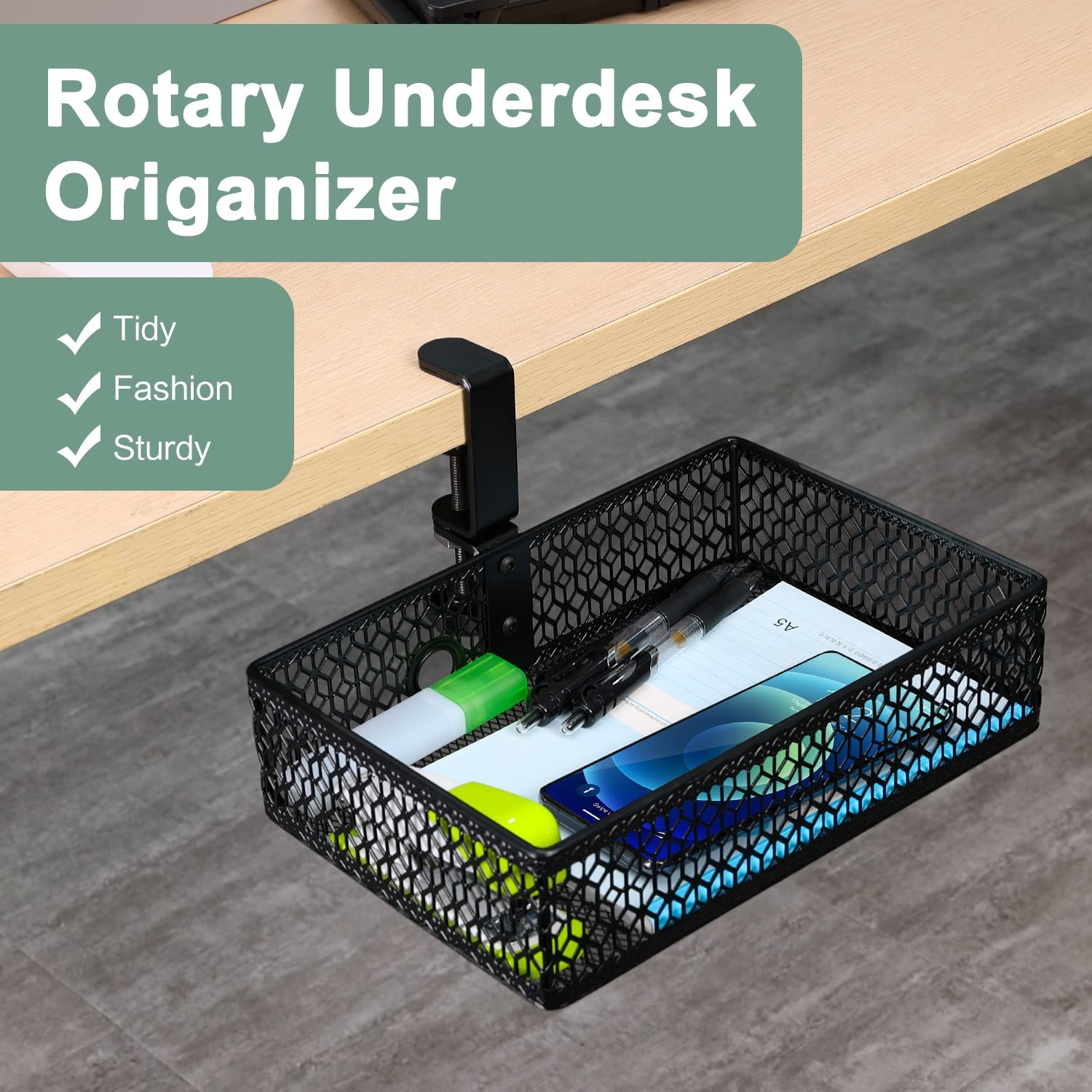 Black Under Desk Drawer Organizer, Clamp on, Hanging Storage Basket, Mount