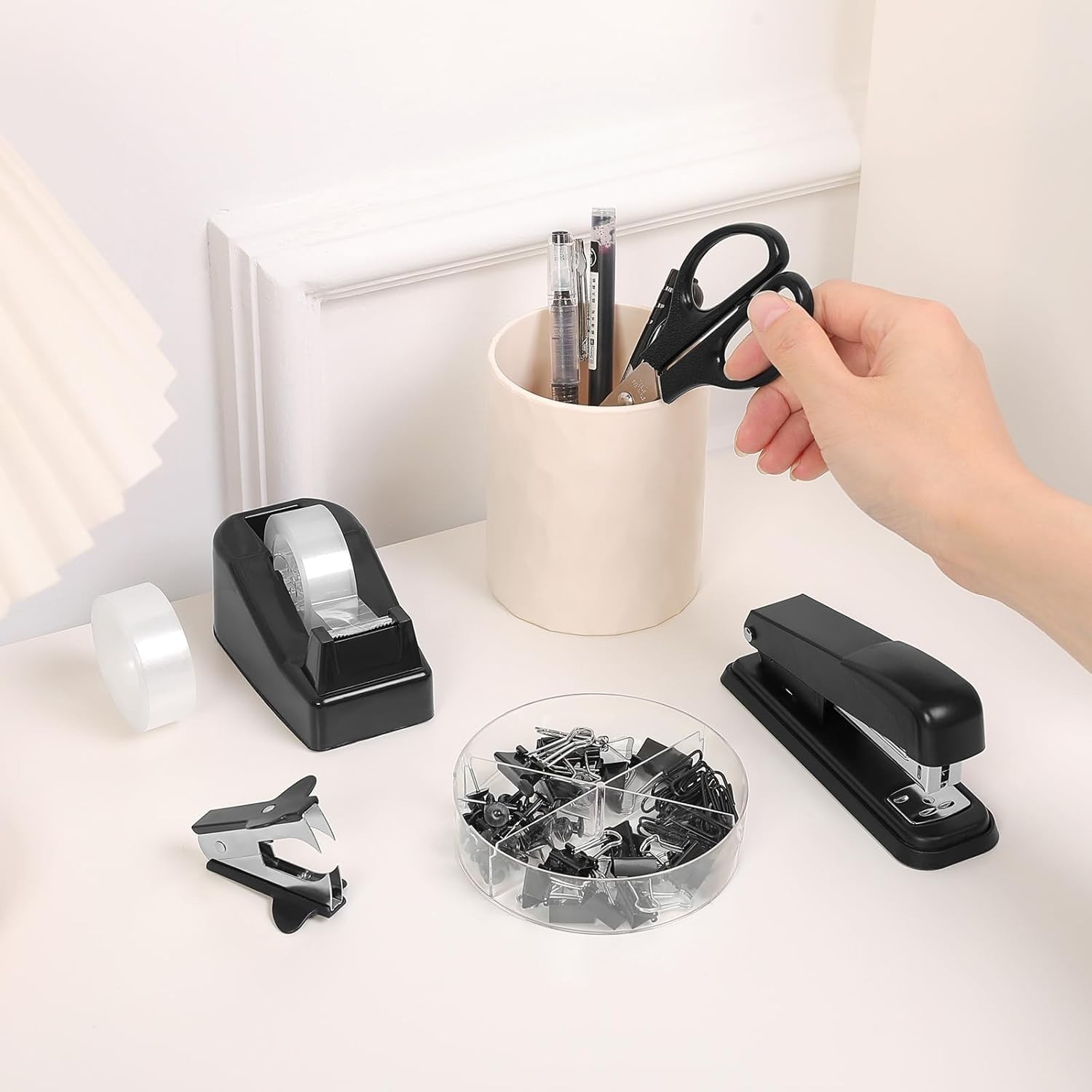 SKYDUE Black Office Supplies Set, Black Desk Accessories, Stapler, Tape Dispense