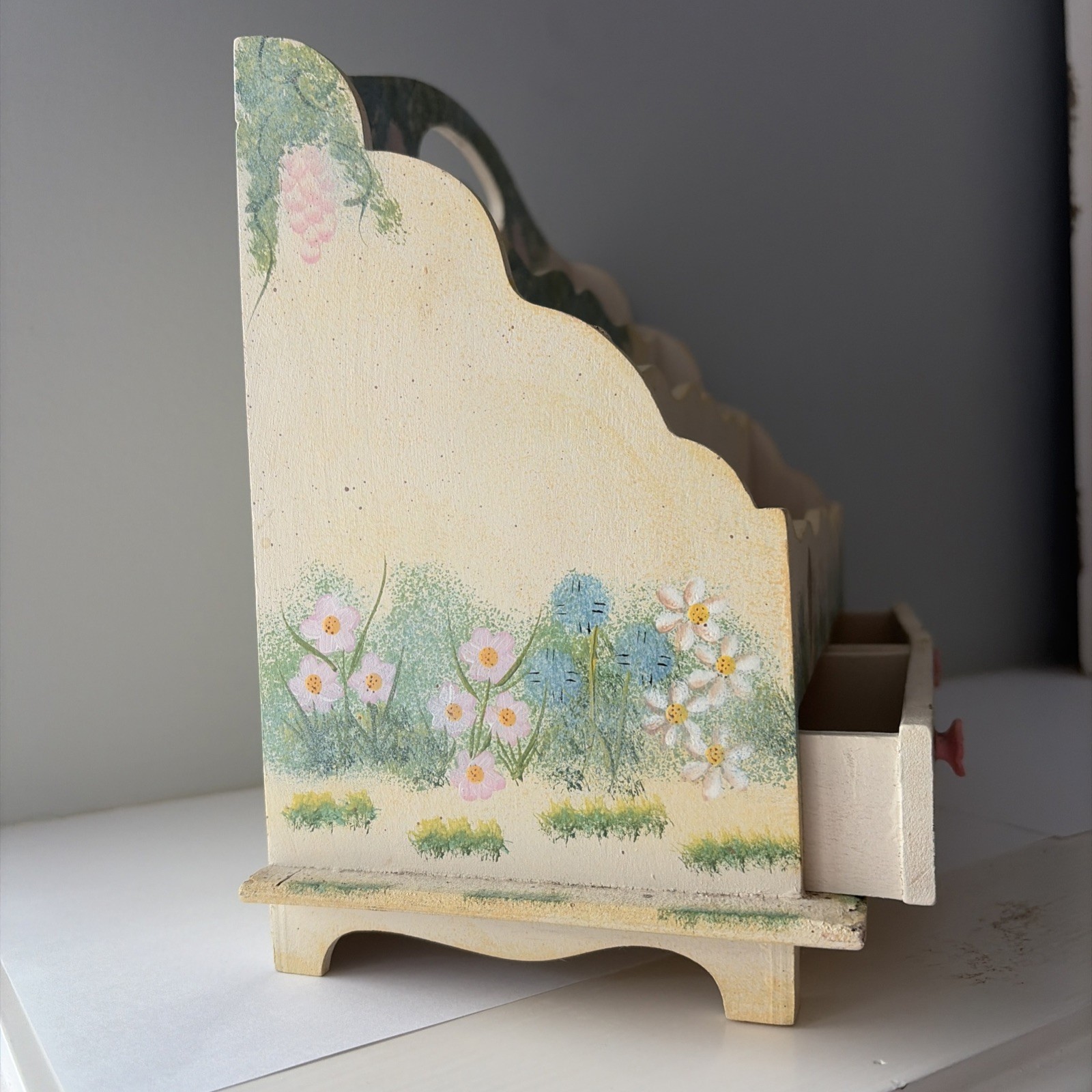 Cottage core Handpainted garden floral Wood Desk Caddy 10 X 5.25 x 8.5″