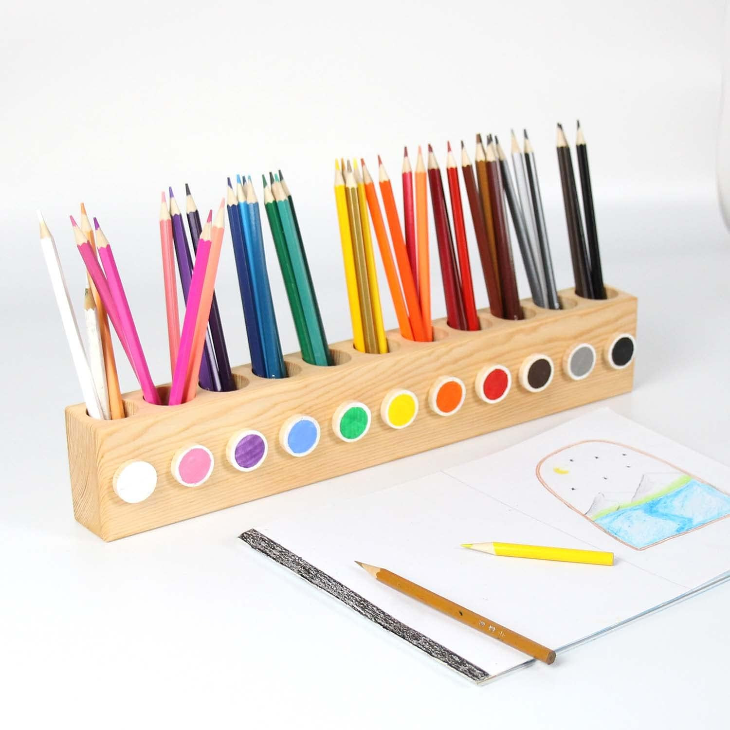 Desk Wood Colored Pen Pencil Holder, Solid Wooden Pencils Organizer Storage for