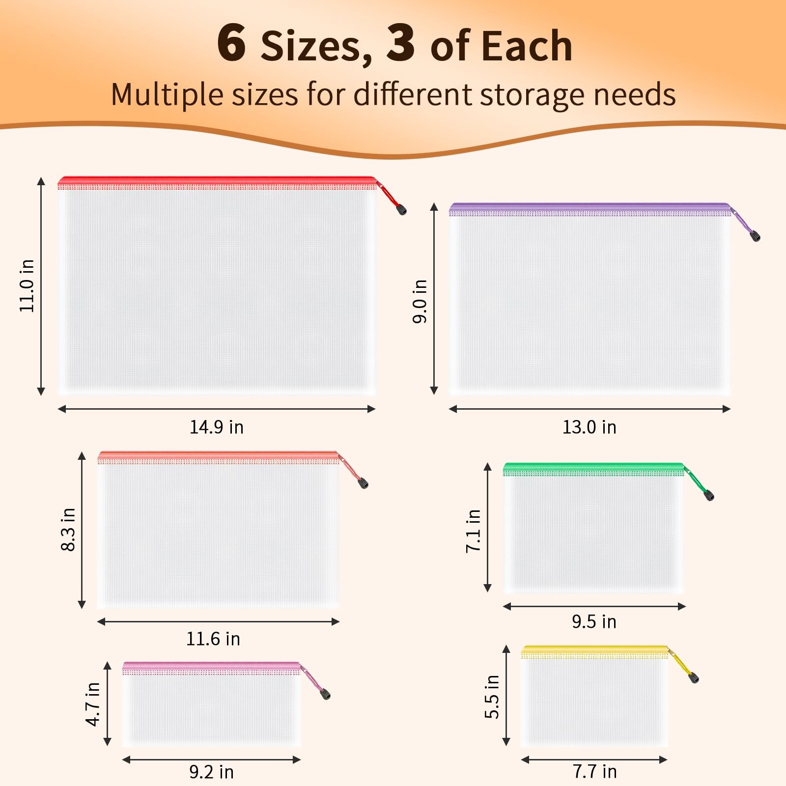 Zipper Mesh Document Pouches 18 Pack 6 Assorted Sizes 6 Colors Clear Bags