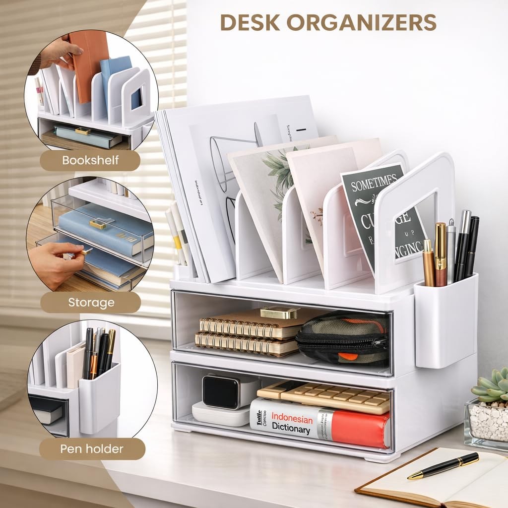 LALOBLUE Acrylic Desk Organizer with Drawer and Vertical File 2 Layer, White