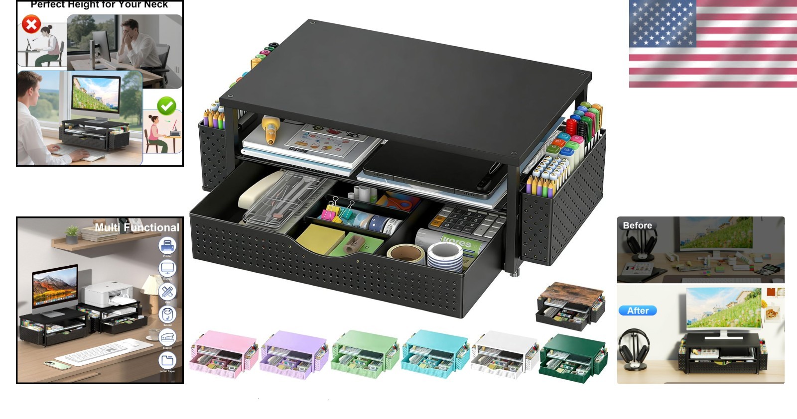 Ergonomic Black Monitor Stand with Drawer & 2 Pen Holders – Desk Organizer