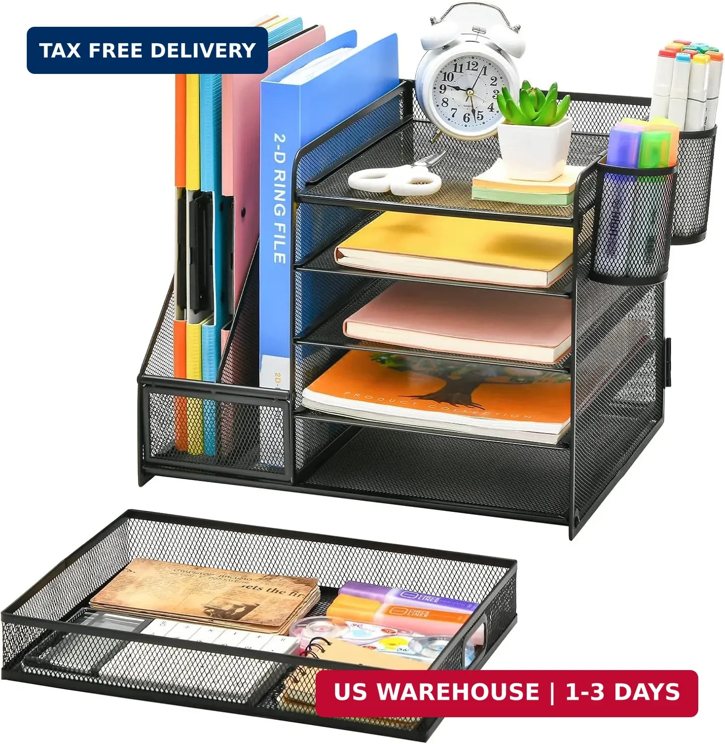 5 Tier Desk Organizer File Holder Paper Tray Drawer Pen Holders Black