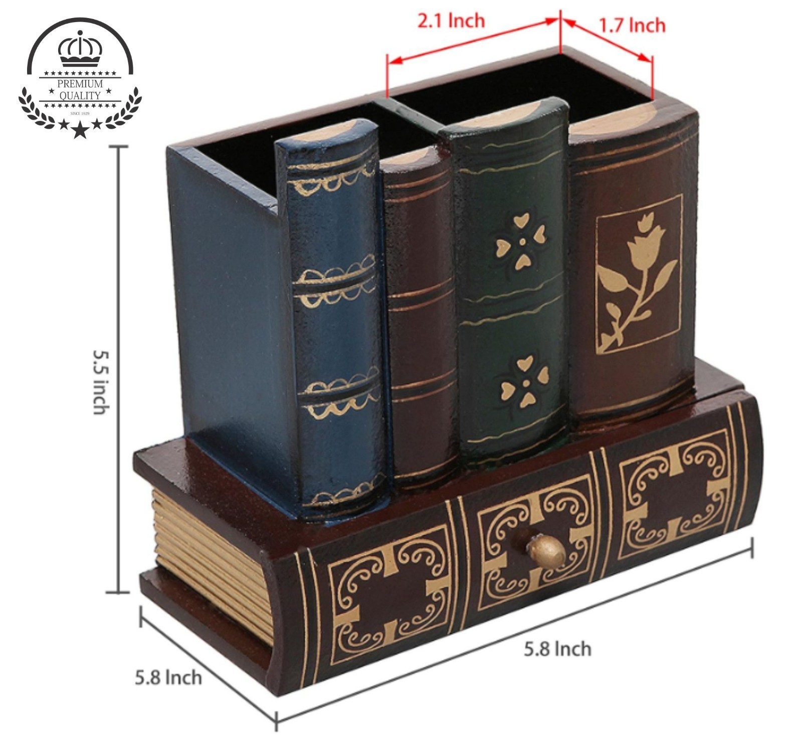 Antique Book Design Desk Organizer Wood Pencil Pen Holder w Drawer Brown