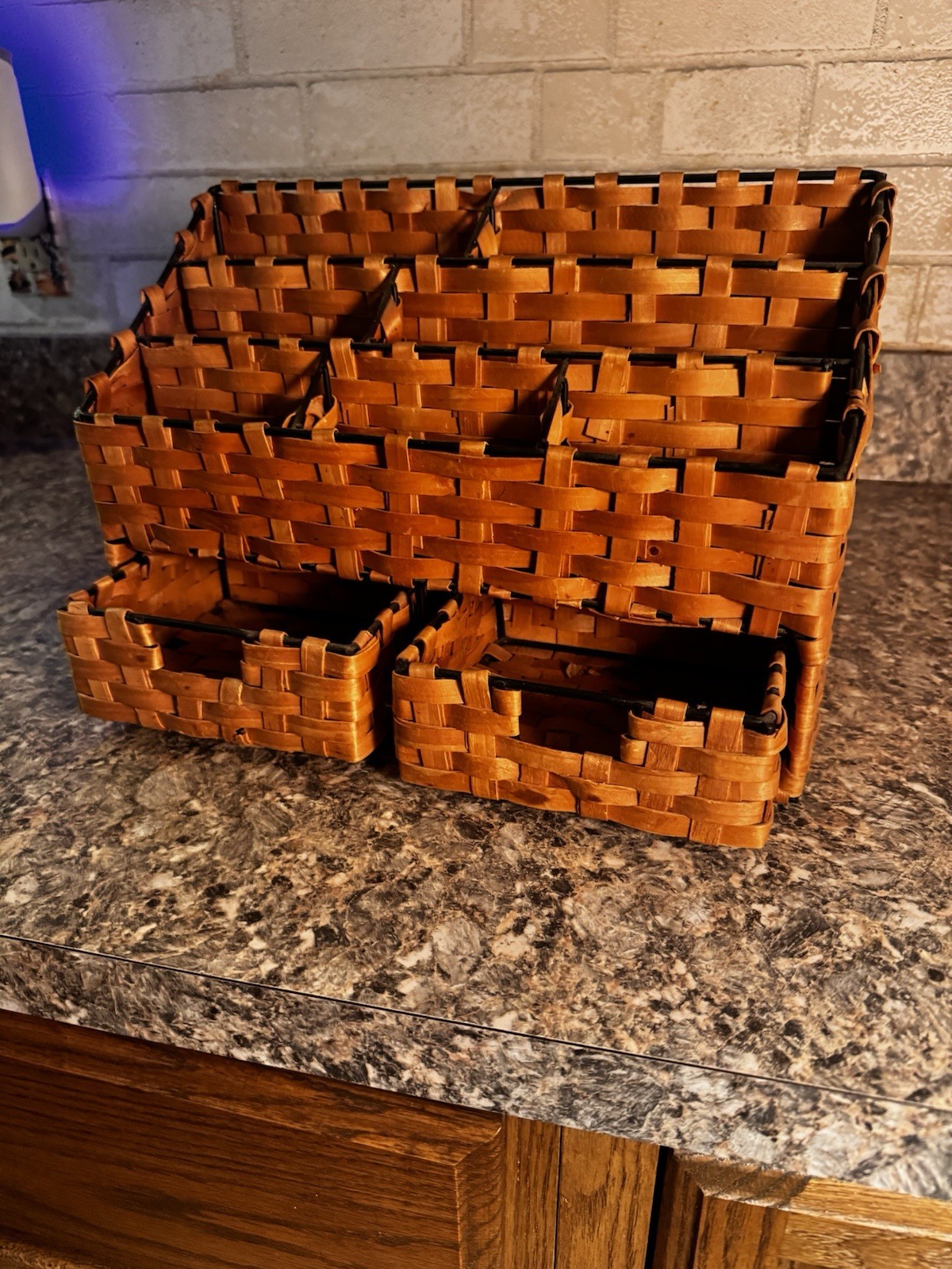 Woven Wood Desktop Organizer with Compartments and 2 Drawers