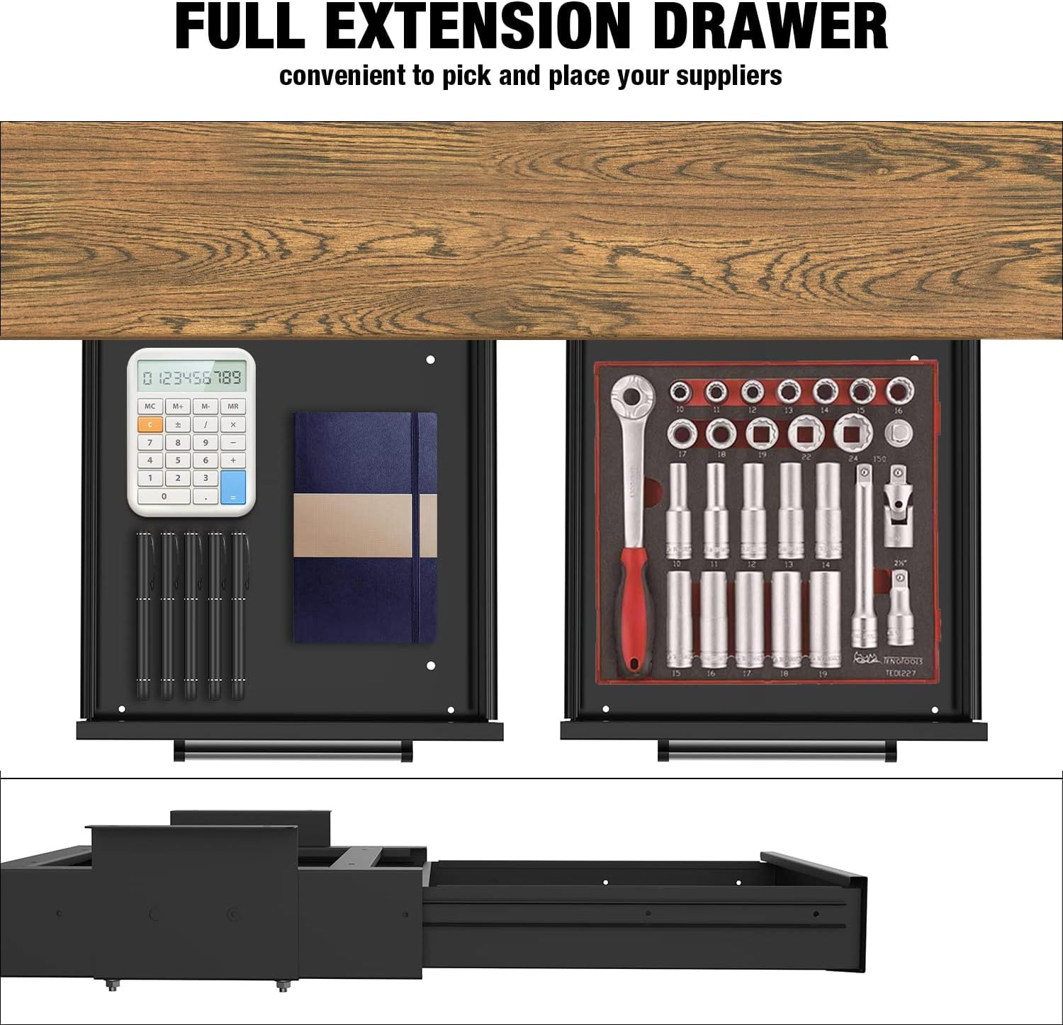 Under Desk Drawer Storage, Pull-Out Office Hidden Counter Drawer, Metal Sliding
