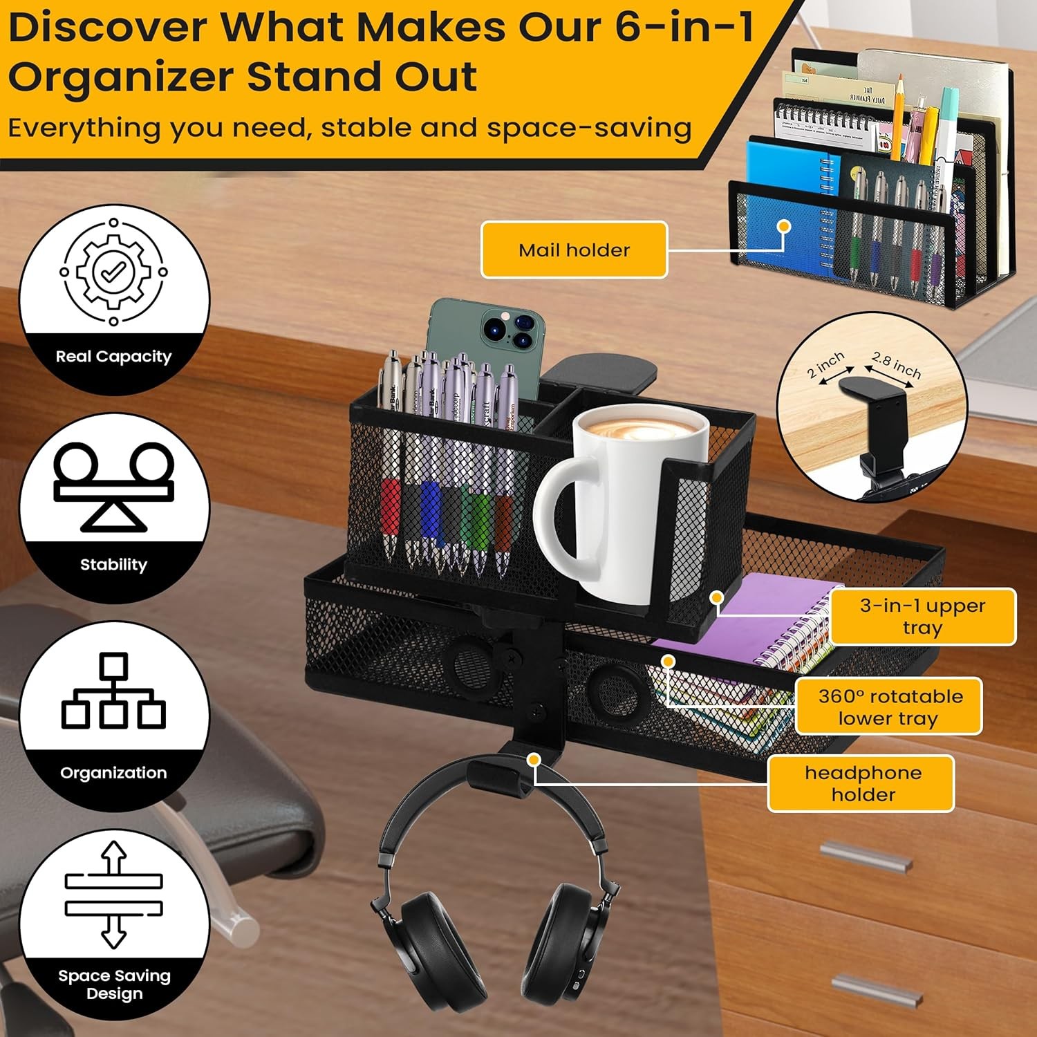 6-in-1 Clamp On Desk Organizer with Cup Holder & 360° Rotating Under Desk Dra…