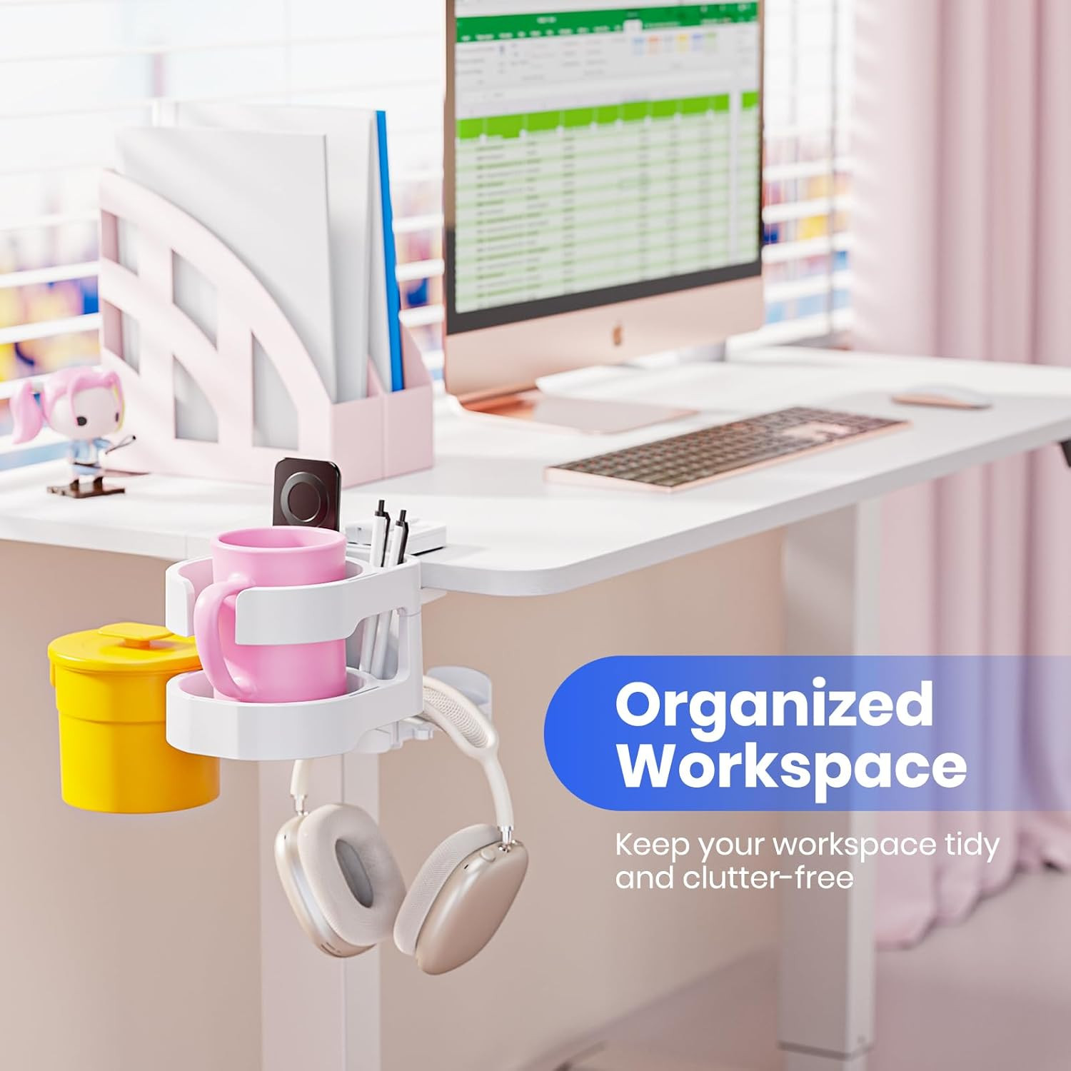 7-In-1 Desk Organizer with Cup Holder, Snack Bucket & Phone Stand – White