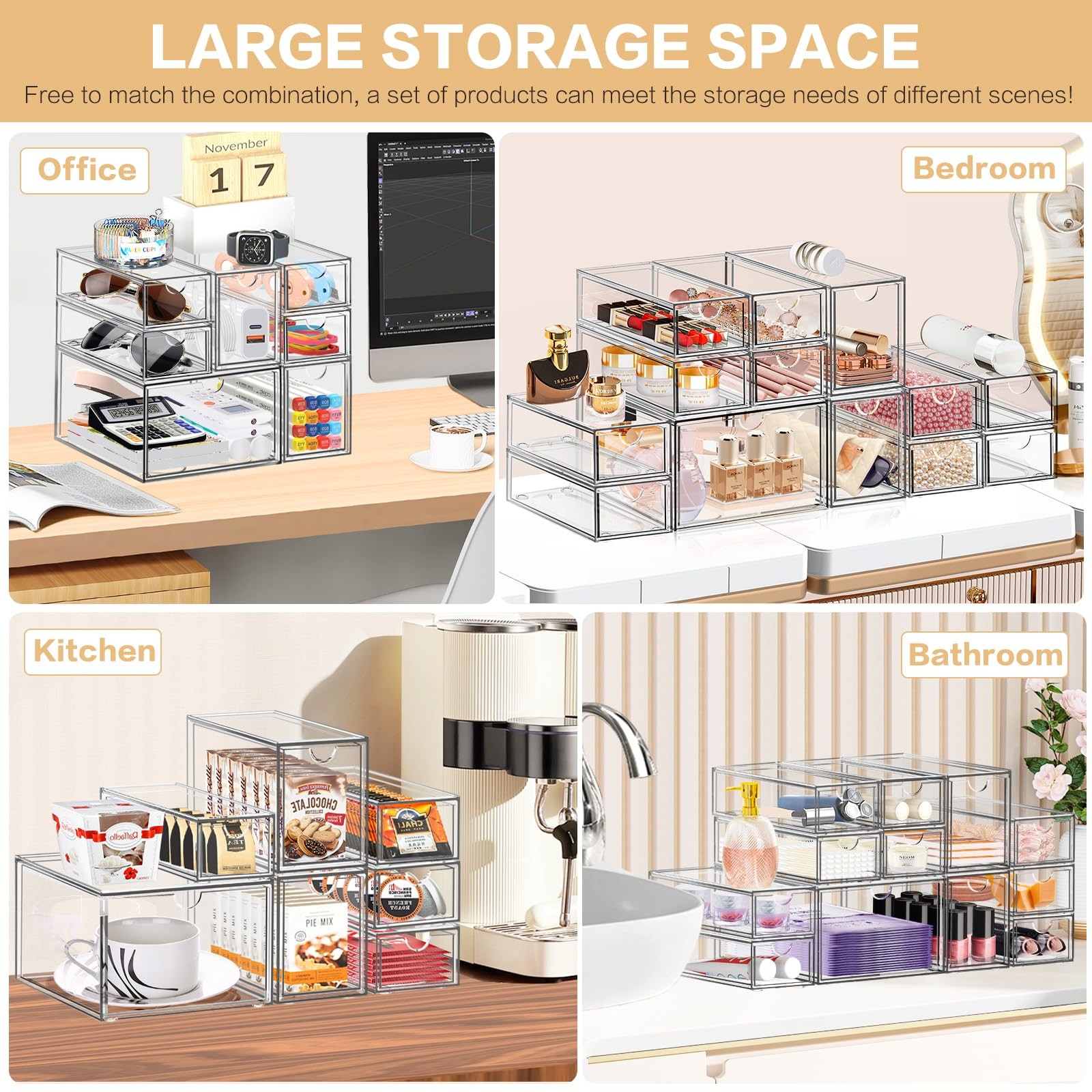 Desk Organizer with 14 Drawers, FODIENS 14 Packs 14 Transparent
