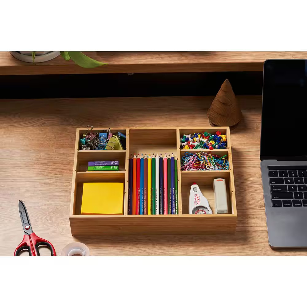 Natural Bamboo Desk Drawer Organizer with Adjustable Compartments, Office Storag