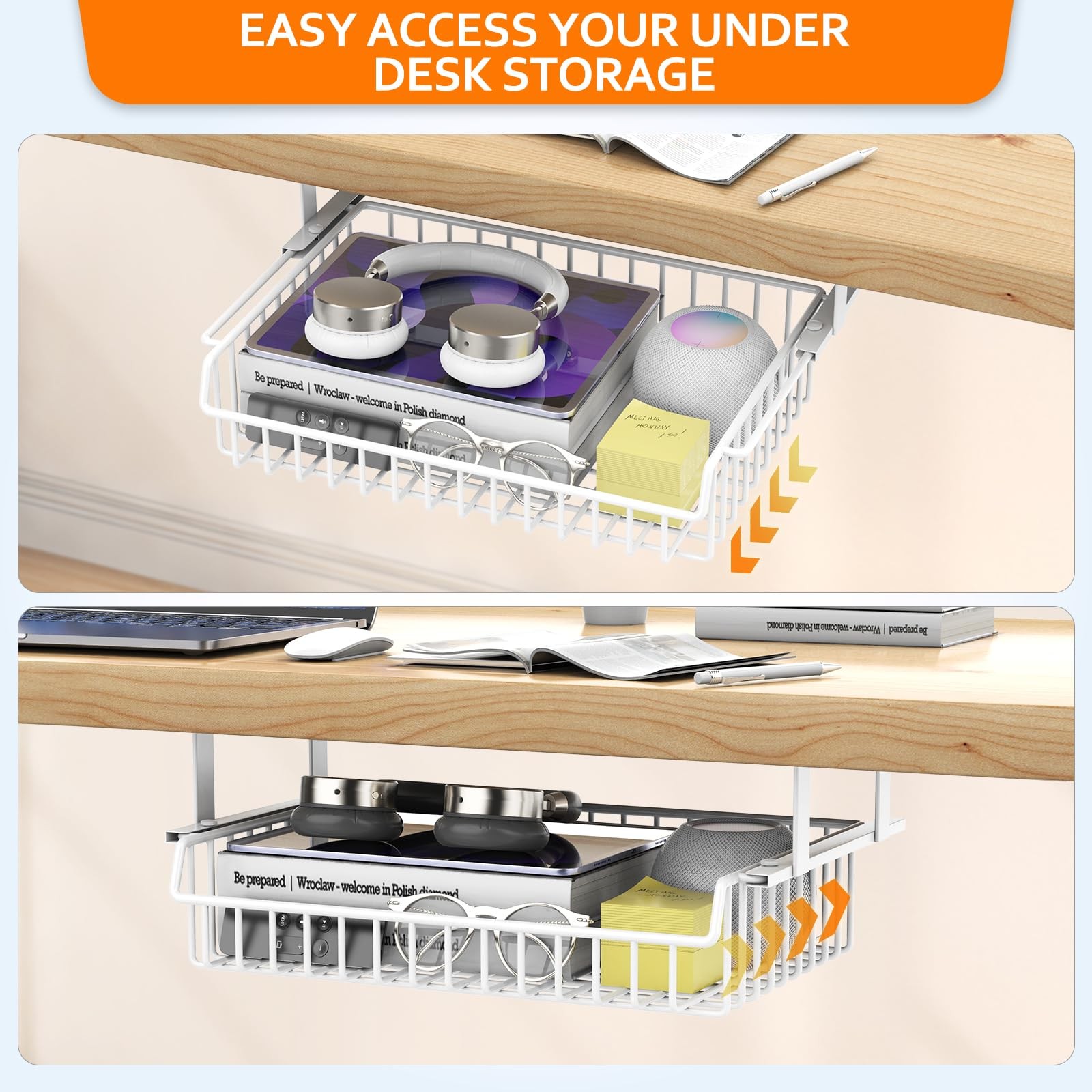 Under Desk Drawer Slide Out Metal Cable Management Storage Shelf Tray Basket