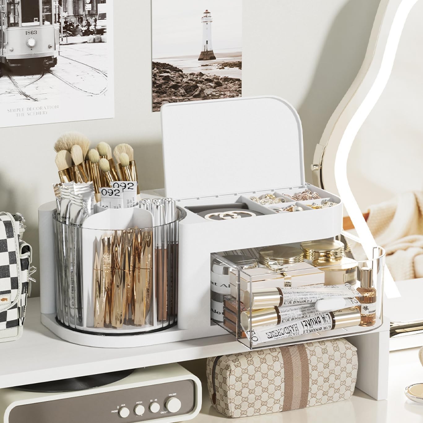 Pinsliee Desk Organizer – 360 Degree Expanded Makeup Organizer, White