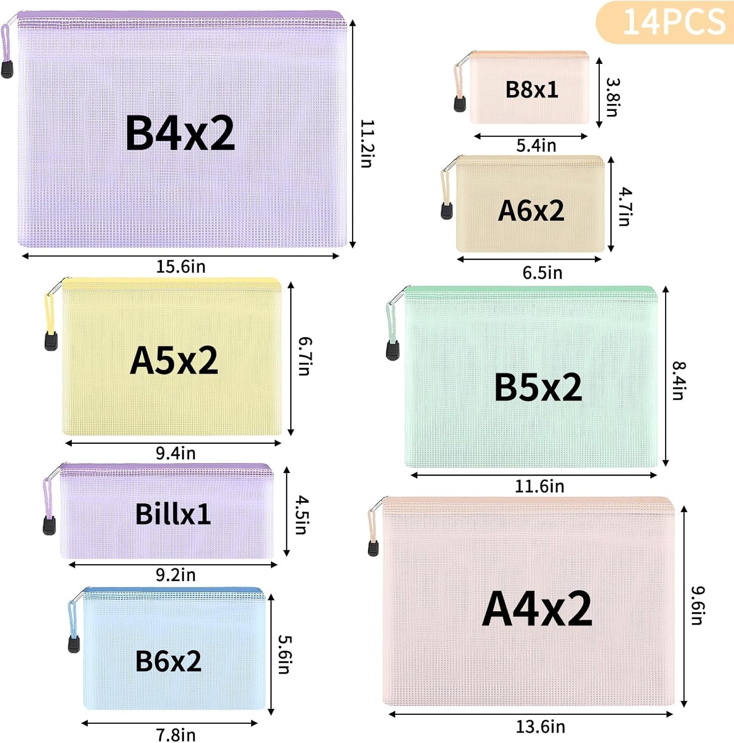 14 Pack Mesh Zipper Pouch 8 Sizes 7 Colors Waterproof Storage Travel
