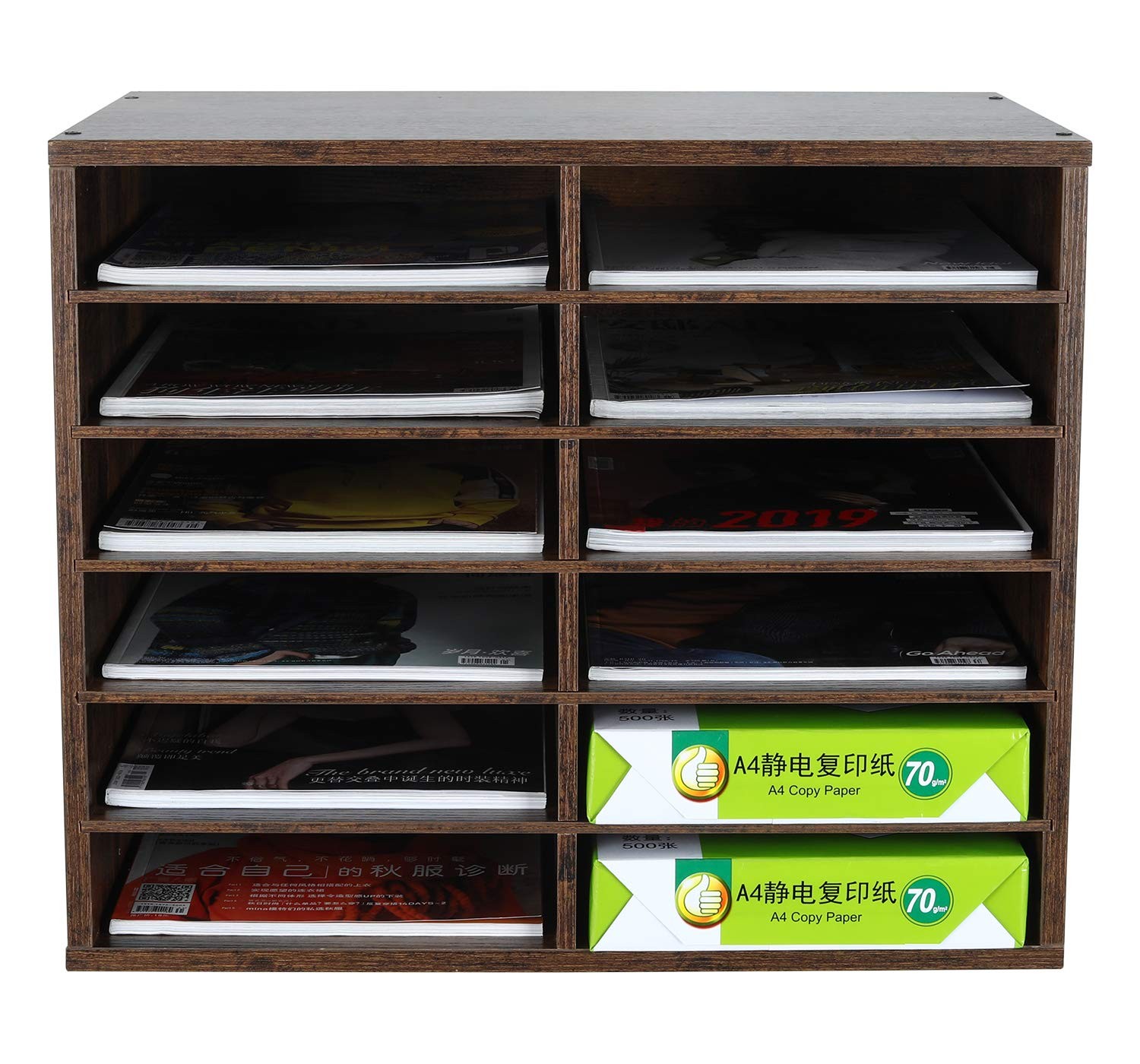 12 Compartments Wooden Literature Organizer with Adjustable Shelves, 6000 She…