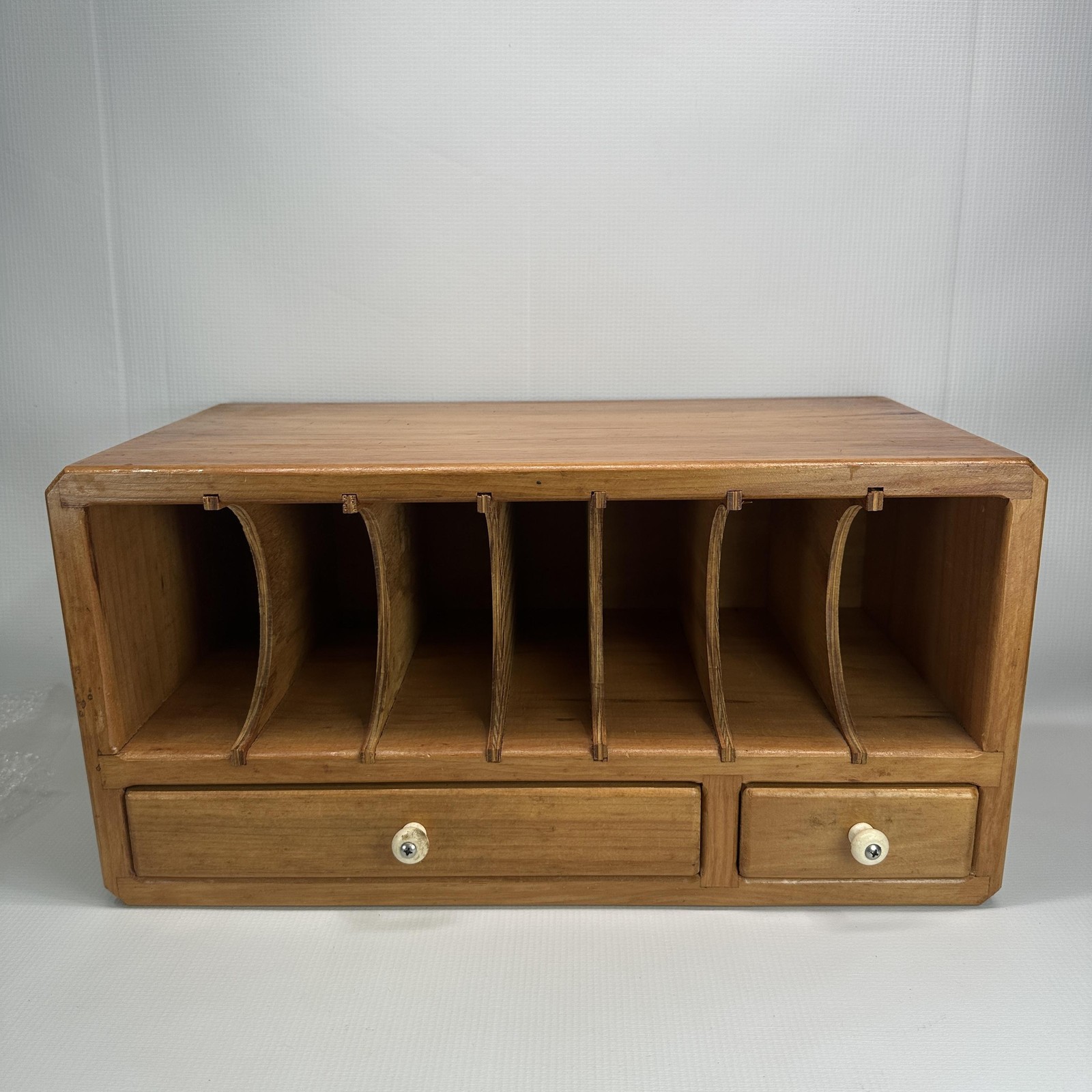 Handmade Wood Desktop Organizer Mail Sorter 6 Slot 2 Drawer Natural Wood Finish