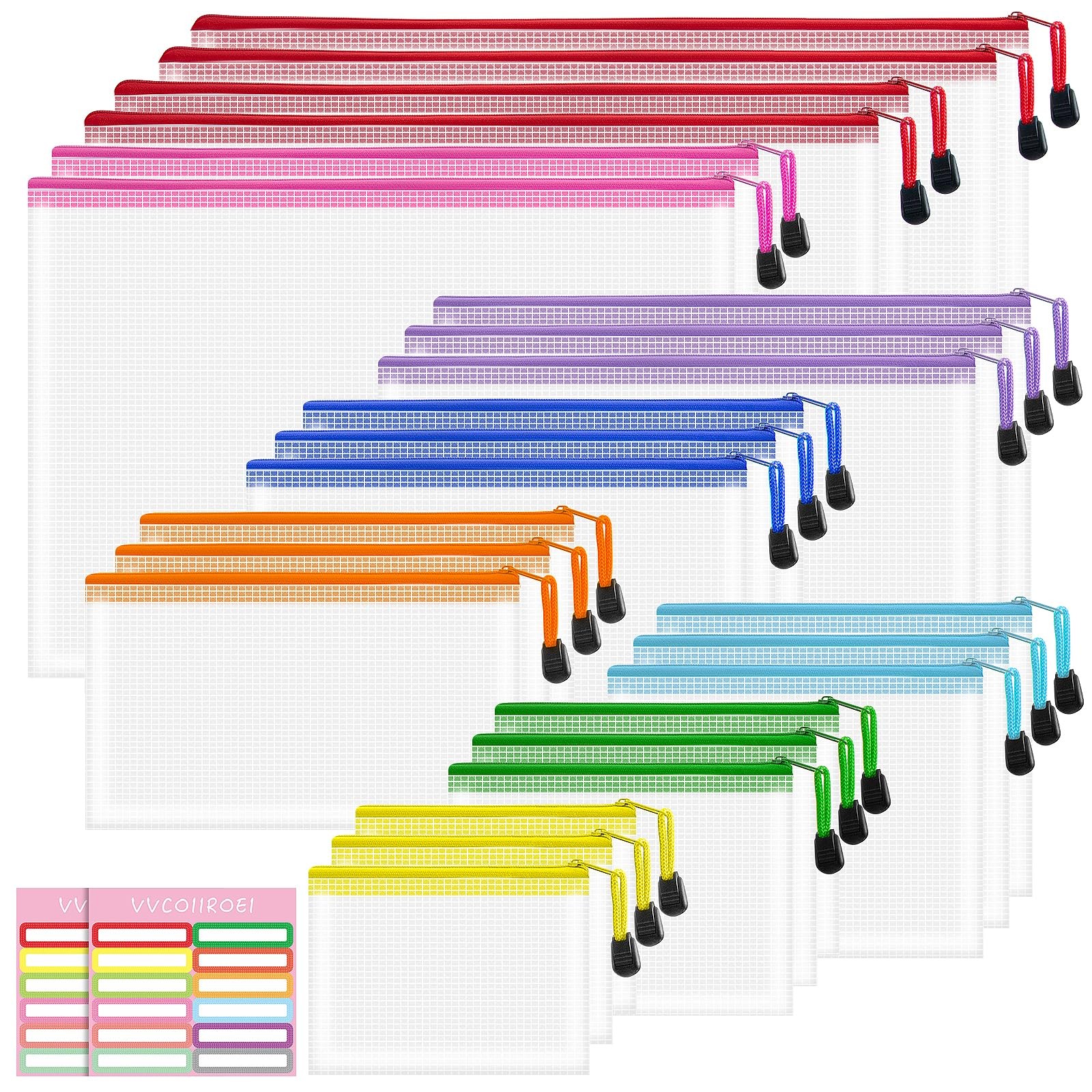 24 PCS Mesh Waterproof Pouch Bags 9 Sizes Clear Organizer Zipper 8 Colors Toy