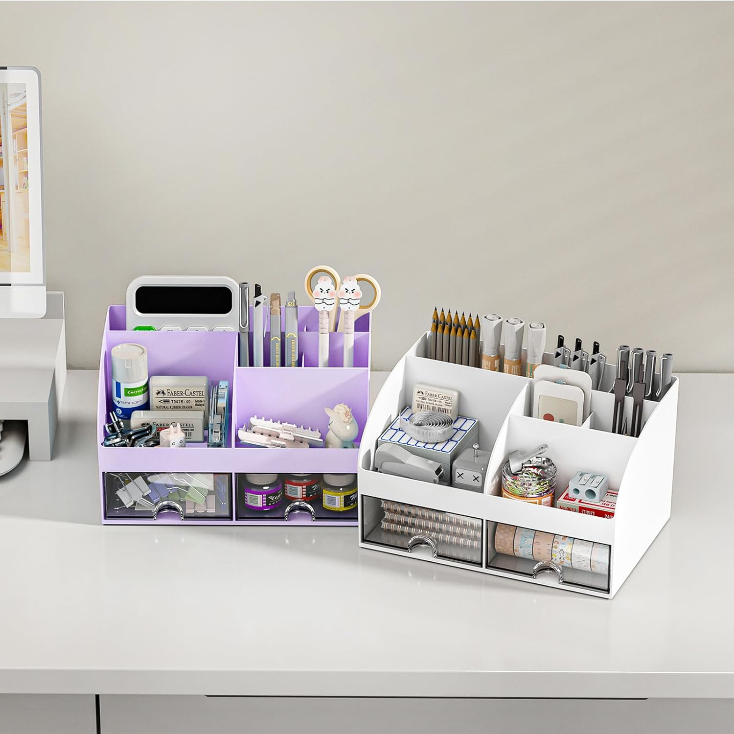 Purple Desk Organizer with 6 Compartments and 2 Drawers for Office Supplies