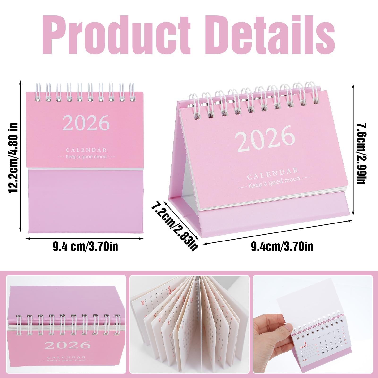 Tyqour Small Desk Calendar 2026 Mini Standing Flip Desktop Pink