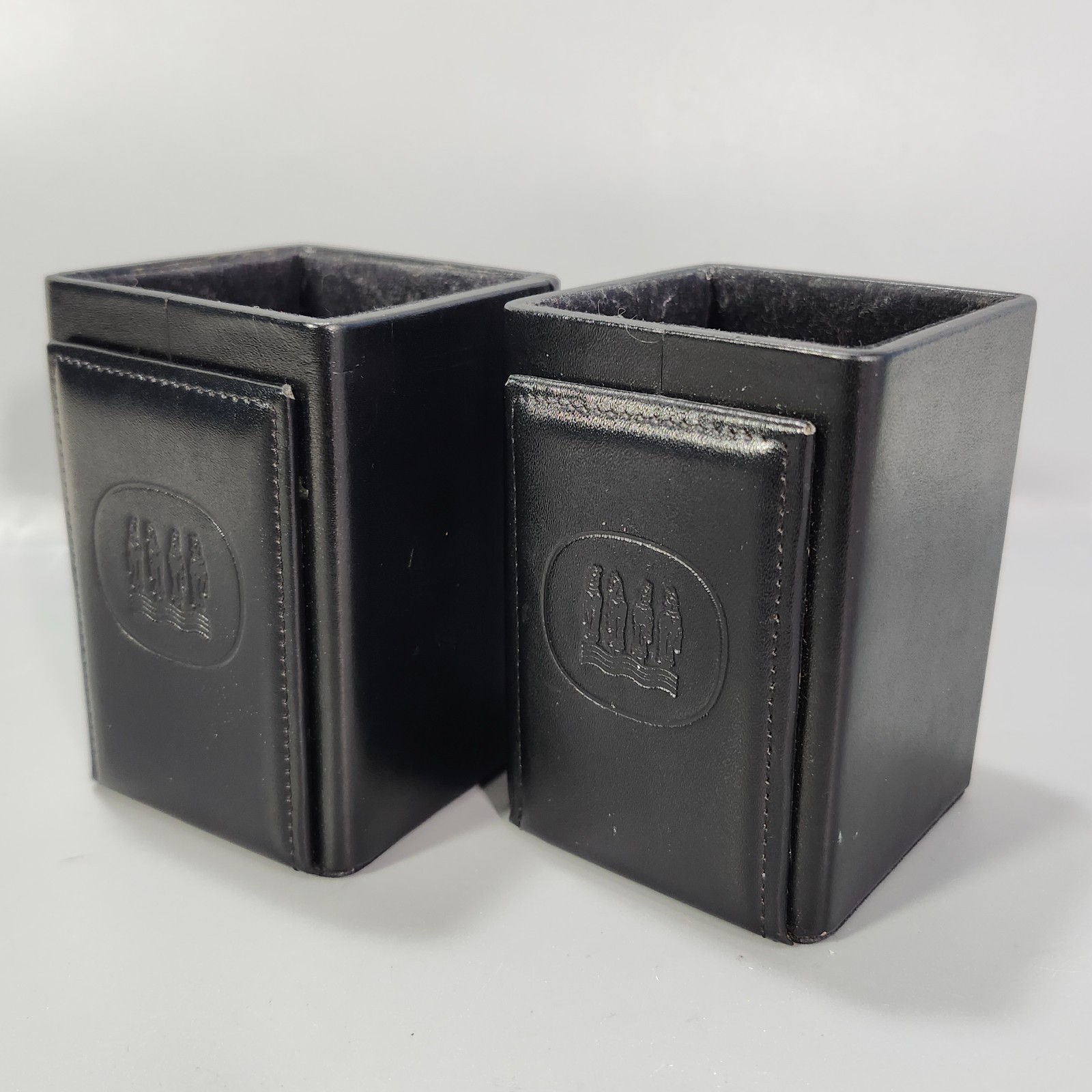 Black Leather Pencil Pen Cup Holder Pair Executive Desk Horse Crest Embroidery