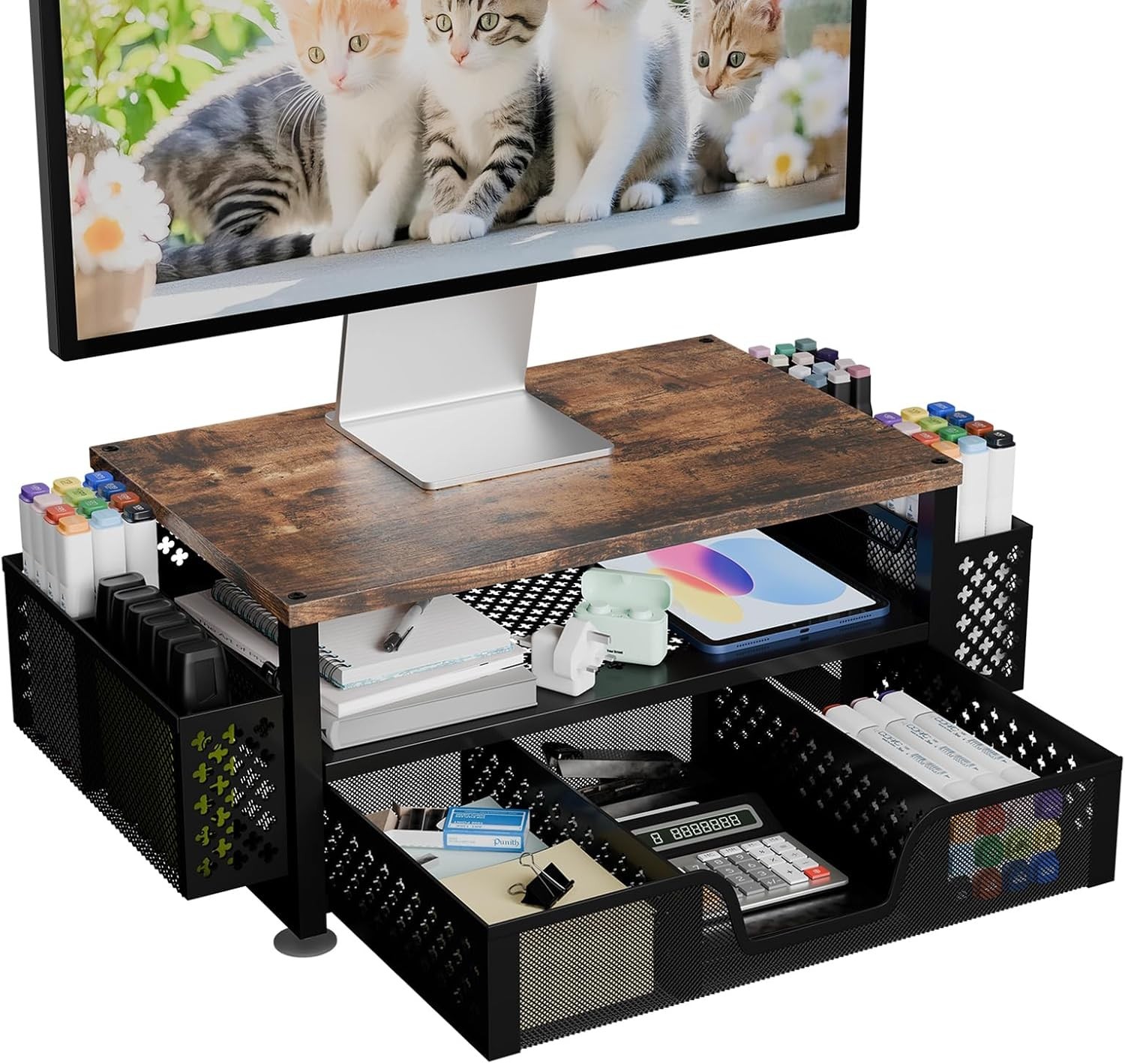Ergonomic Computer Monitor Stand with Built-in Drawer & 2 Pen Holders – Brown