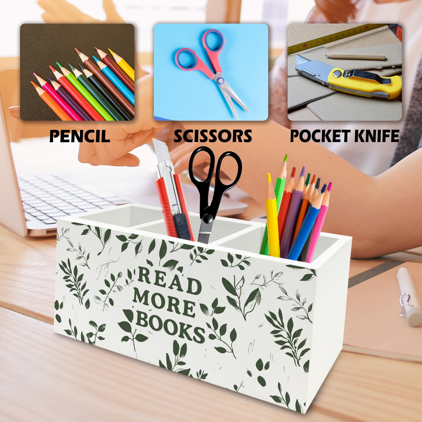 Reading Room Decor Pen Pencil Holder Organizer for Desk, Read More Books Bota…