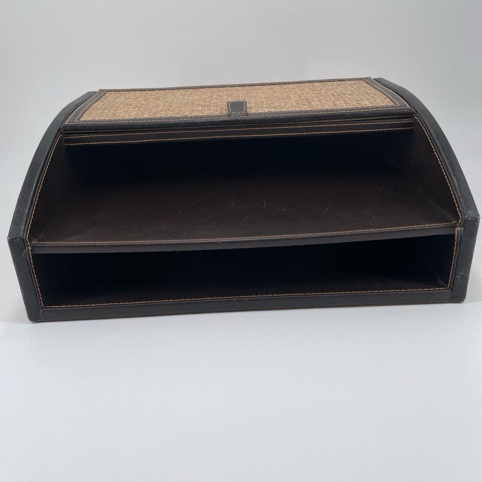 Vintage S.K. Leather Rattan 3 Tiered Desk Organizer Executive Sorter Mid Century
