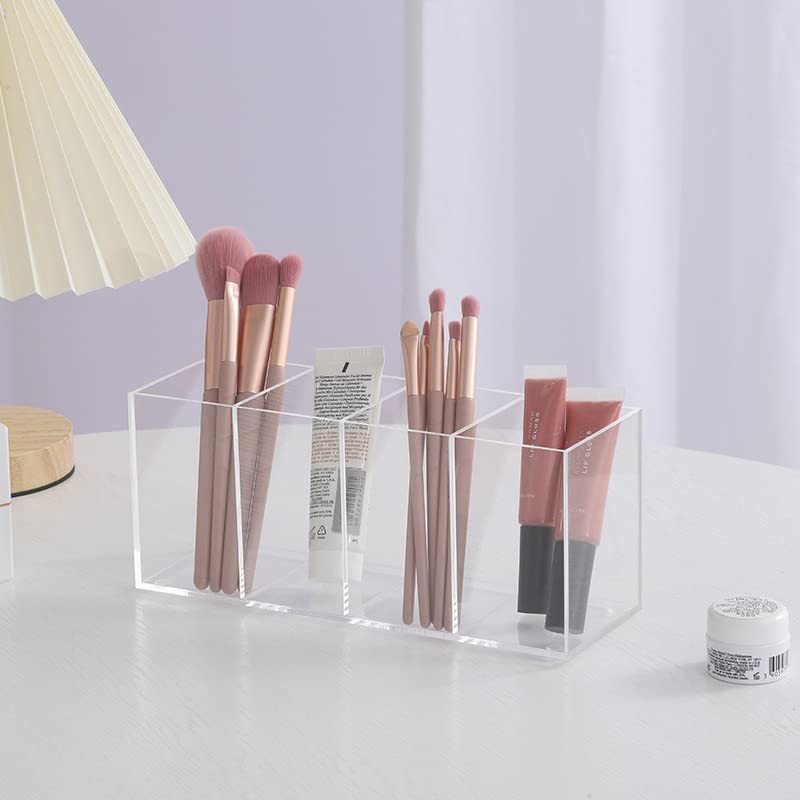 HSYMQ Acrylic Pen Holder 4 Compartments Clear Pencil Transparent