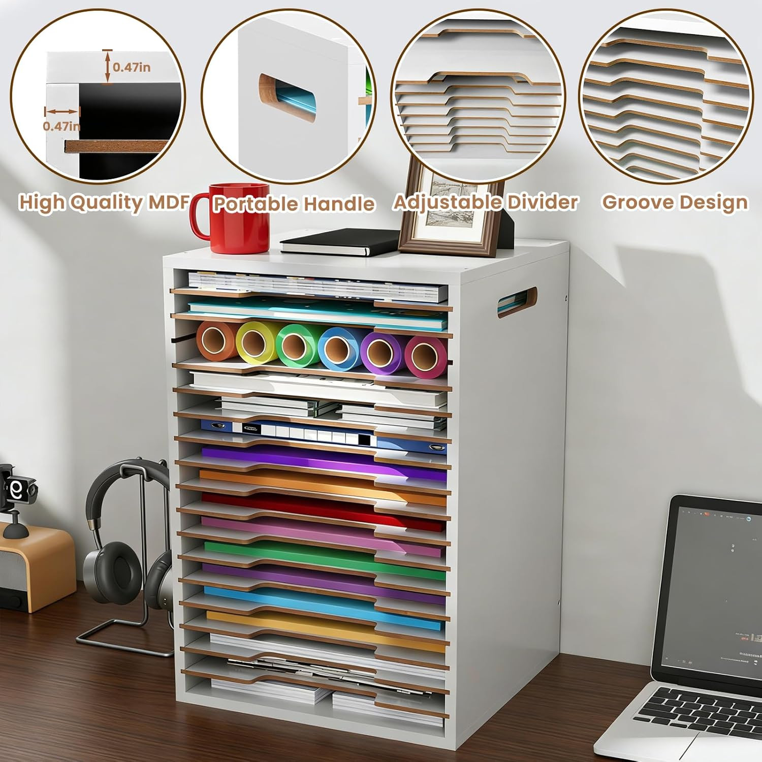 12X12 Scrapbook Paper Storage Organizer Wood, 18 Tier Desk File Organizer with H