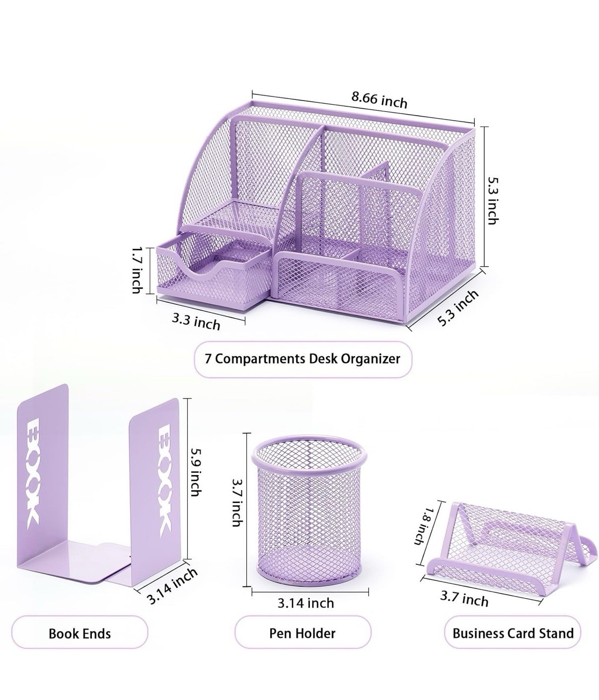 4 Piece Purple Mesh Desk Organizer 7 Slot Pen Holder Card Bookend Office Set !!