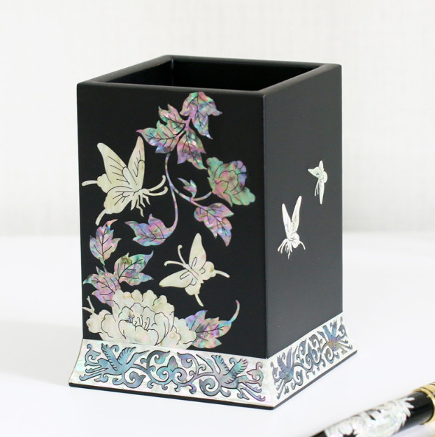 Korean Mother of Pearl Lacquer Pen Holder Handmade Desk Organizer Office Decor