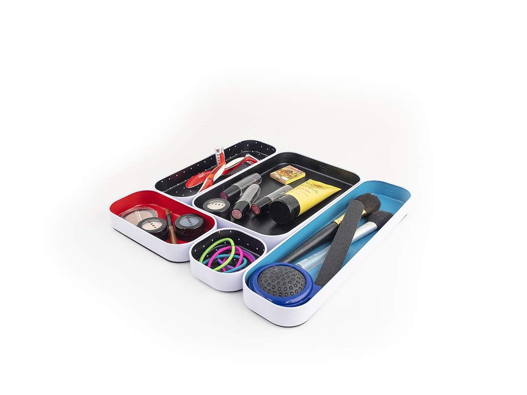 5 Piece Metal Organizer Tray Set for Storing Makeup, Stationery, Utensils, an…